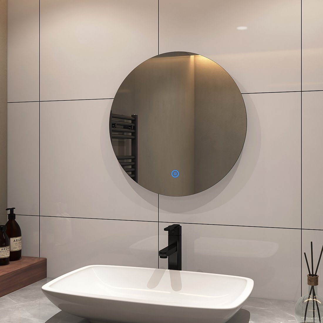S'AFIELINA Badspiegel LED Badspiegel Wandspiegel Rund Schalter,Kaltweiß Badezimmerspiegel, Helligkeit,IP44 mit Touch 6500K,Einstellbare Beleuchtung