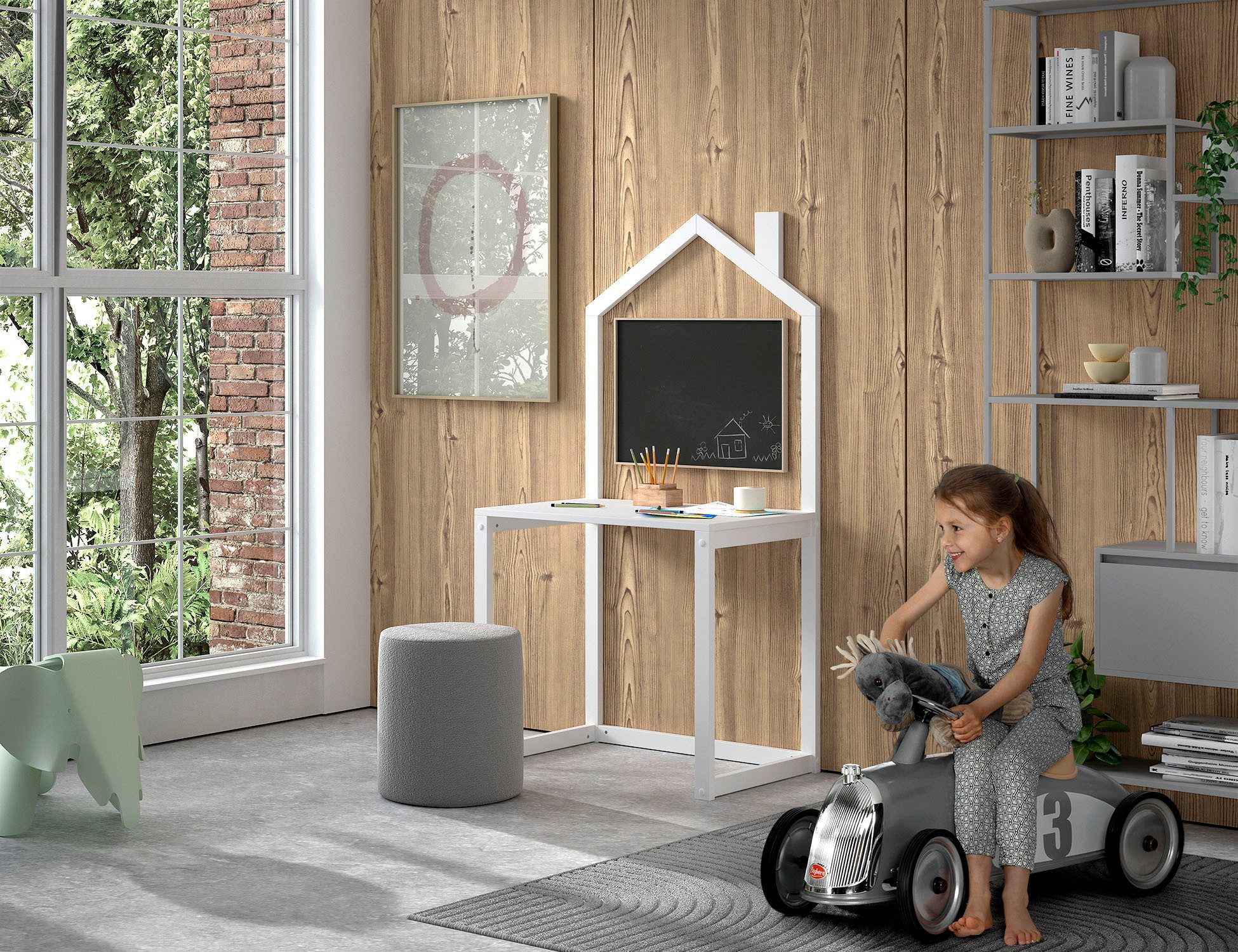 Vipack Kinderschreibtisch Dallas, Ausführung Kiefer massiv, stabil gebaut (B/H/T ca. 100x150,6x50cm, seitlich und nach hinten offen), mit Haus-Optik, große Arbeitsfläche, ideal für kleine Räume, 2 Farben