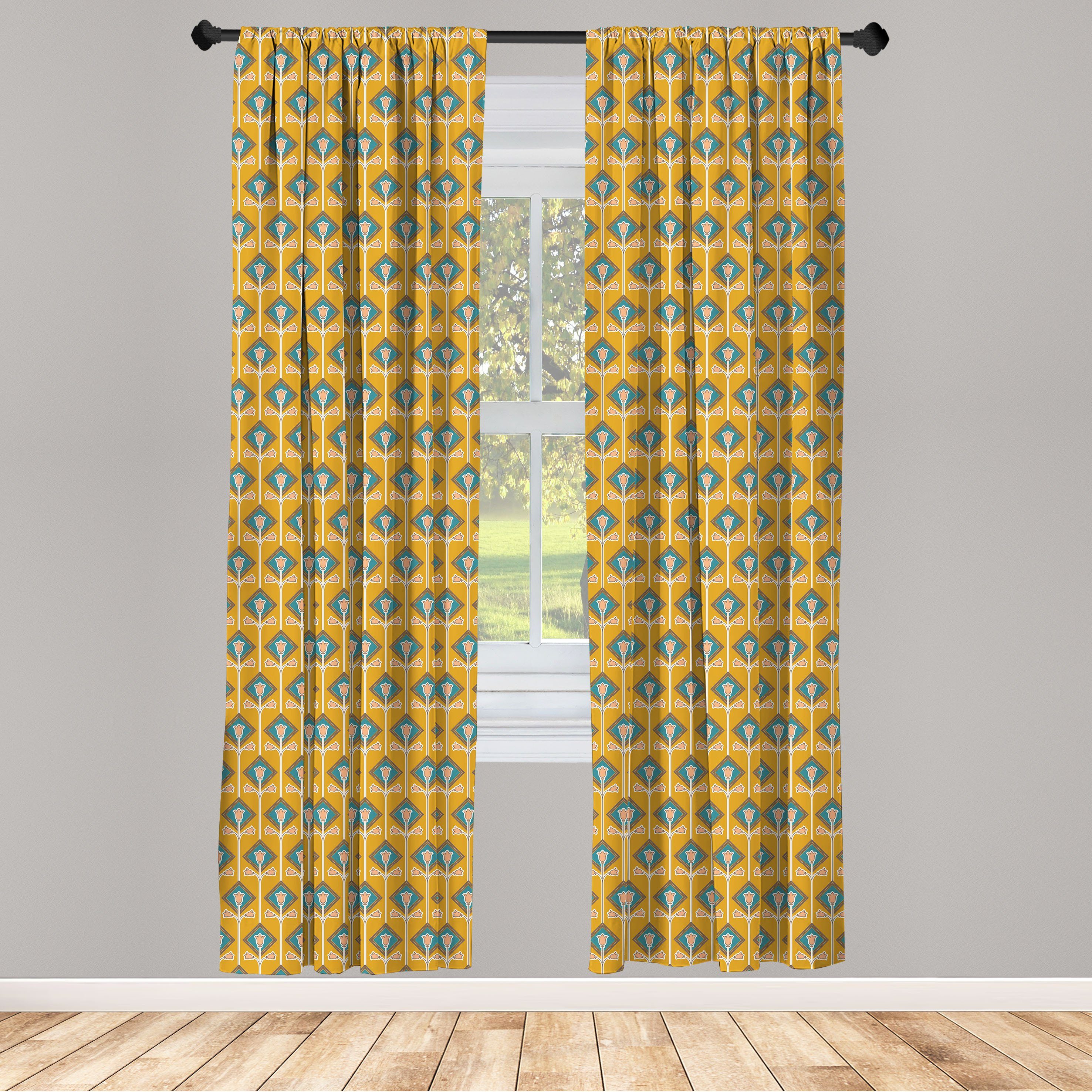 Gardine Vorhang für Wohnzimmer Schlafzimmer Dekor, in Microfaser, Rhombus Tulpen Abakuhaus, Blumen