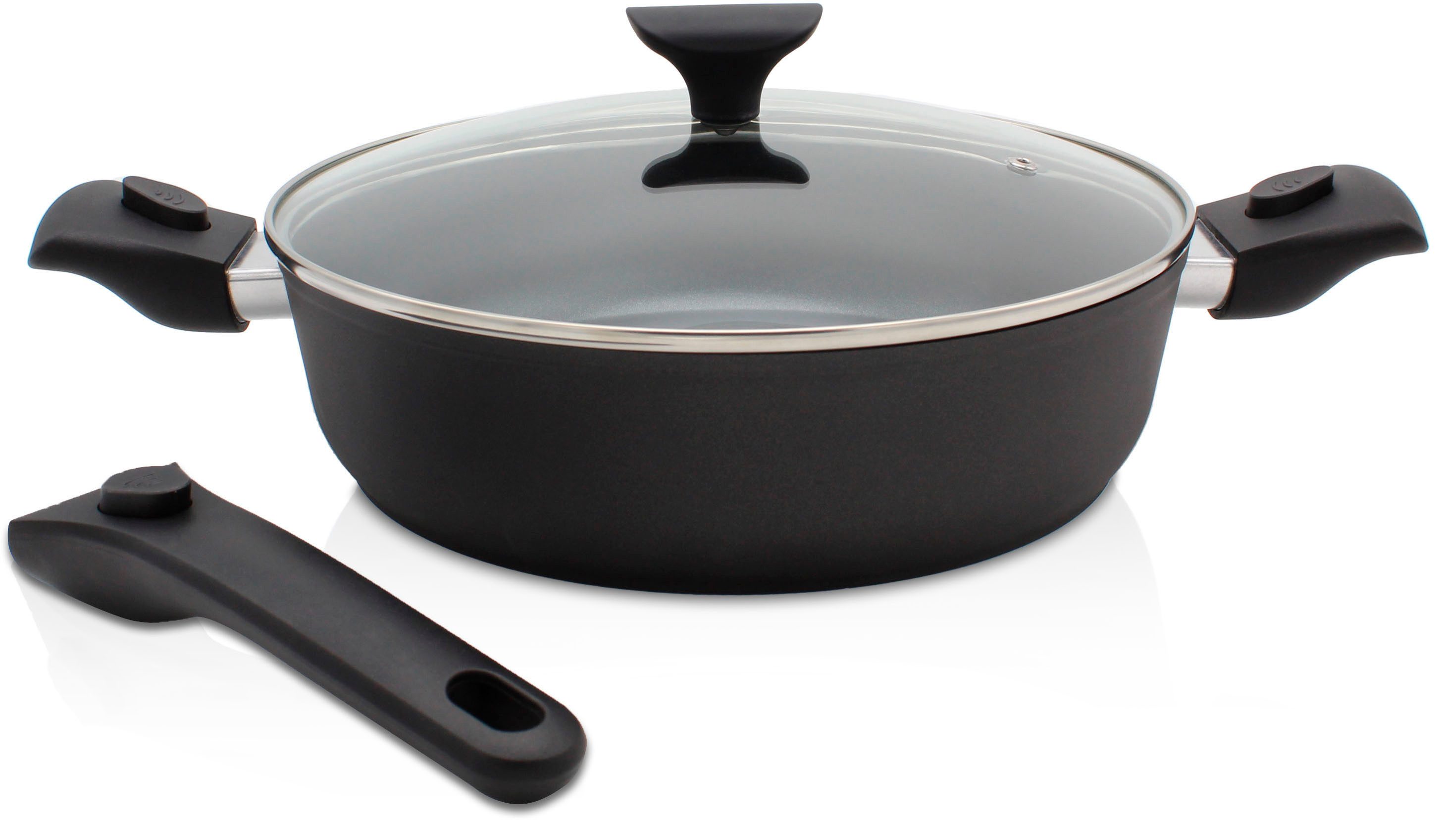 Krüger Servierpfanne Aluguss Pfanne GAMMA mit Glasdeckel, 28 cm, mit abnehmbaren Griffen, Aluminiumguss, für Induktions-Kochfelder geeignet, auch als Schmorpfanne verwendbar