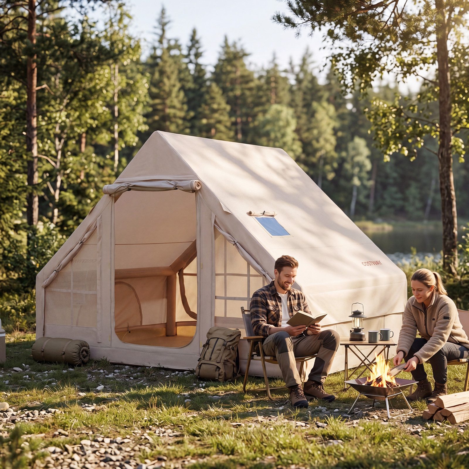 COSTWAY aufblasbares Zelt, Personen: 4, Campingzelt mit 2 Türen, Luftzelt