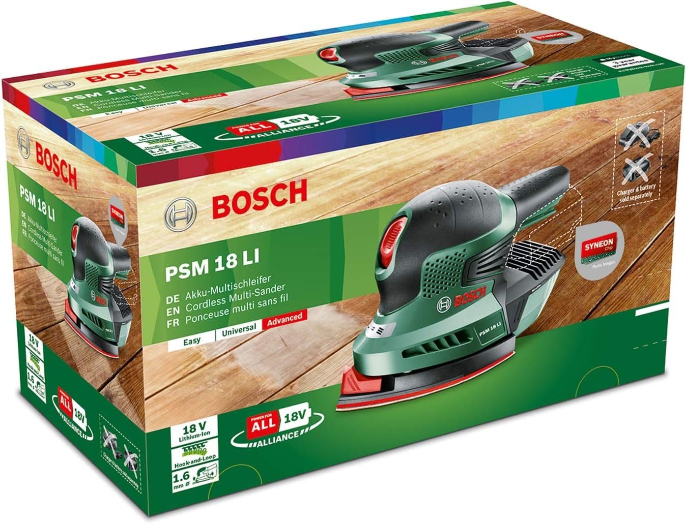 Bosch Home Karton, 22000,00 Akku weniger 22000,00 PSM Ladegerät), & Ausdauer LI, (im U/min, ohne Garden max. & 18 Aufgaben. U/min, intensiven Maximale bei Akku-Multischleifer