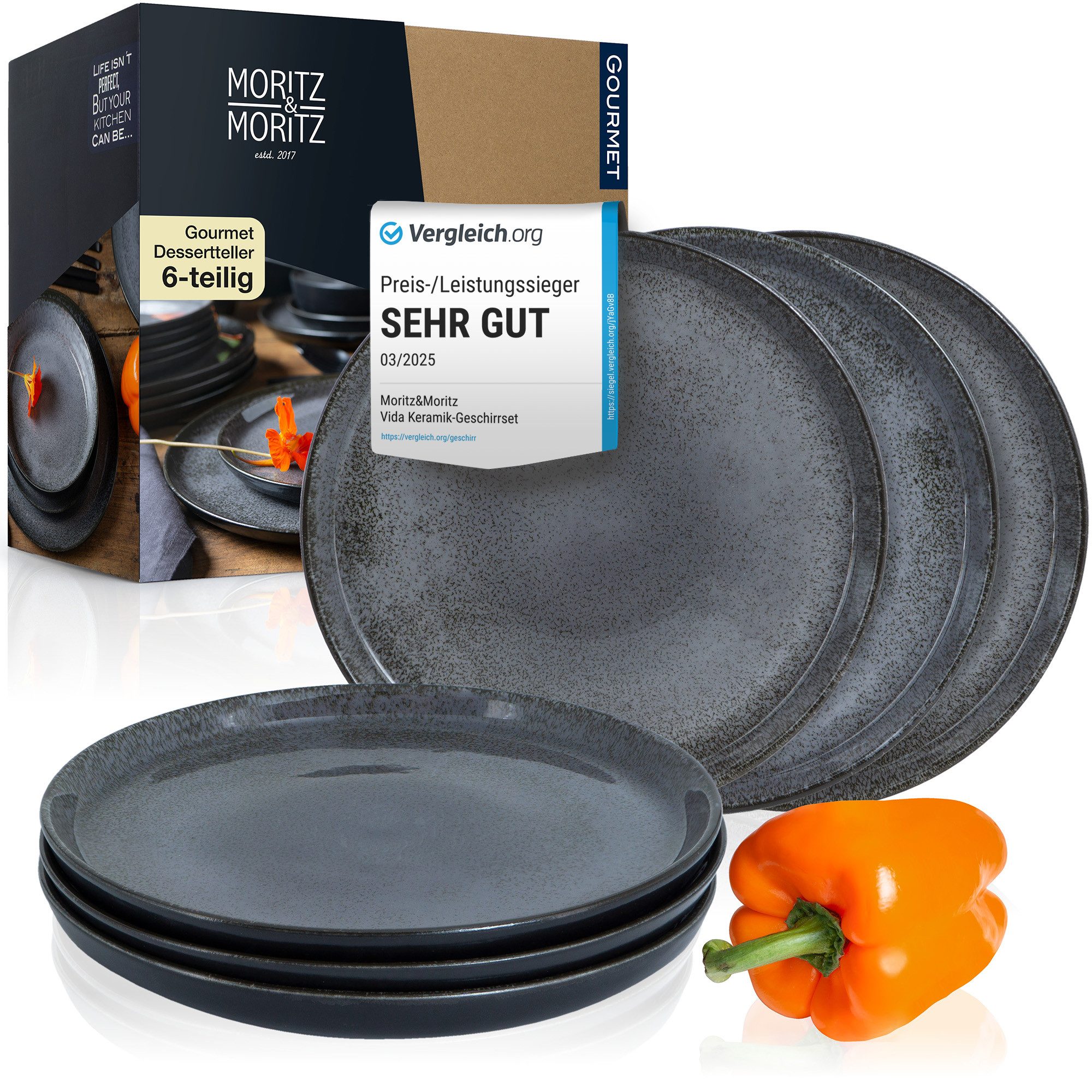 Moritz & Moritz Geschirr-Set VIDA Dessertteller Anthrazit (6-tlg), 6 Personen, Porzellan, Spülmaschinengeeignet, Porzellan Speiseteller