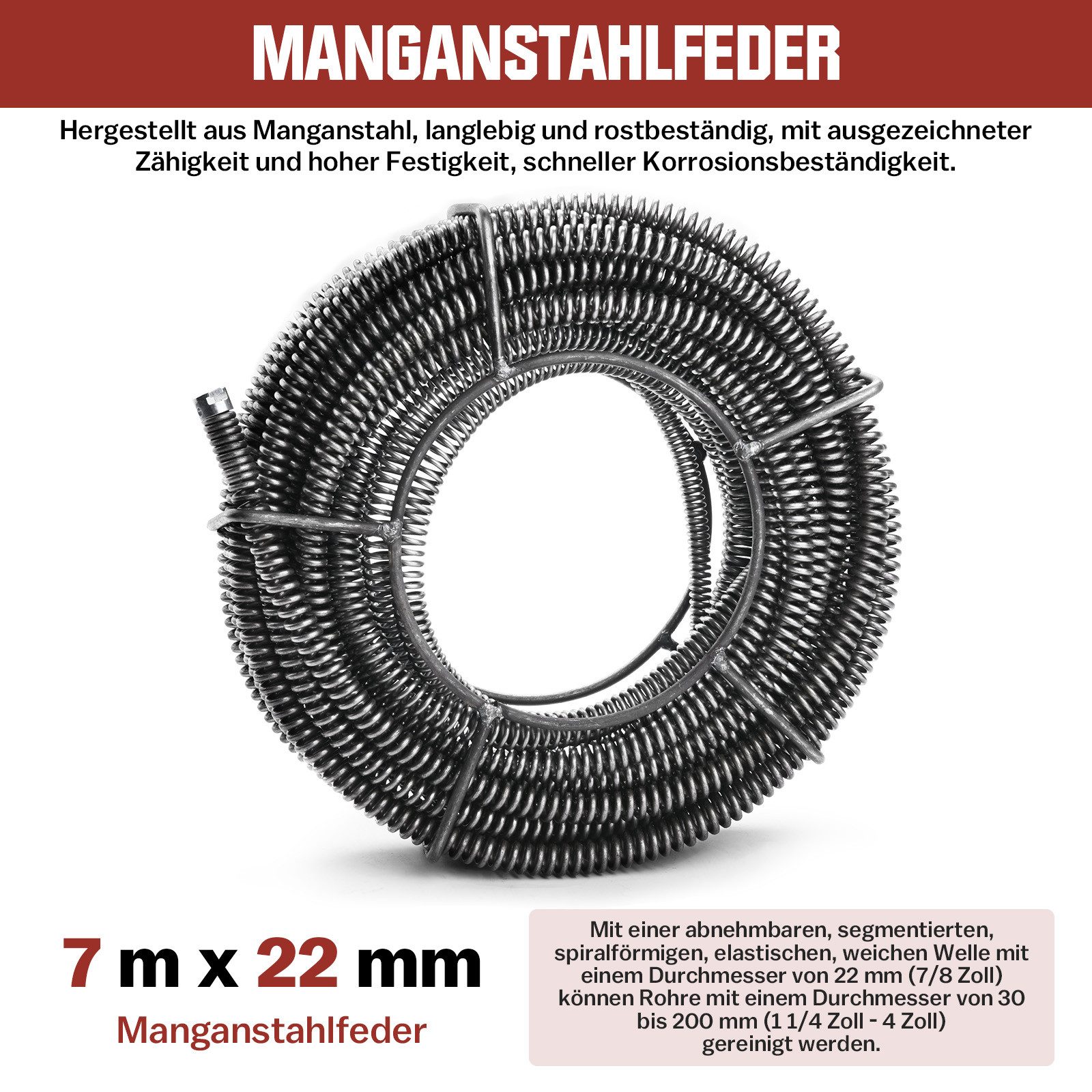 XERSEK Rohrreinigungsspirale Ø22mm x 7m Federspirale für Rohrreiniger, Abflussreiniger Spirale, (Einzelstück Rohrreinigungsspirale), Für Rohre Ø30-200 mm, Verwendbar mit Rohrreinigungsgerät/-maschine