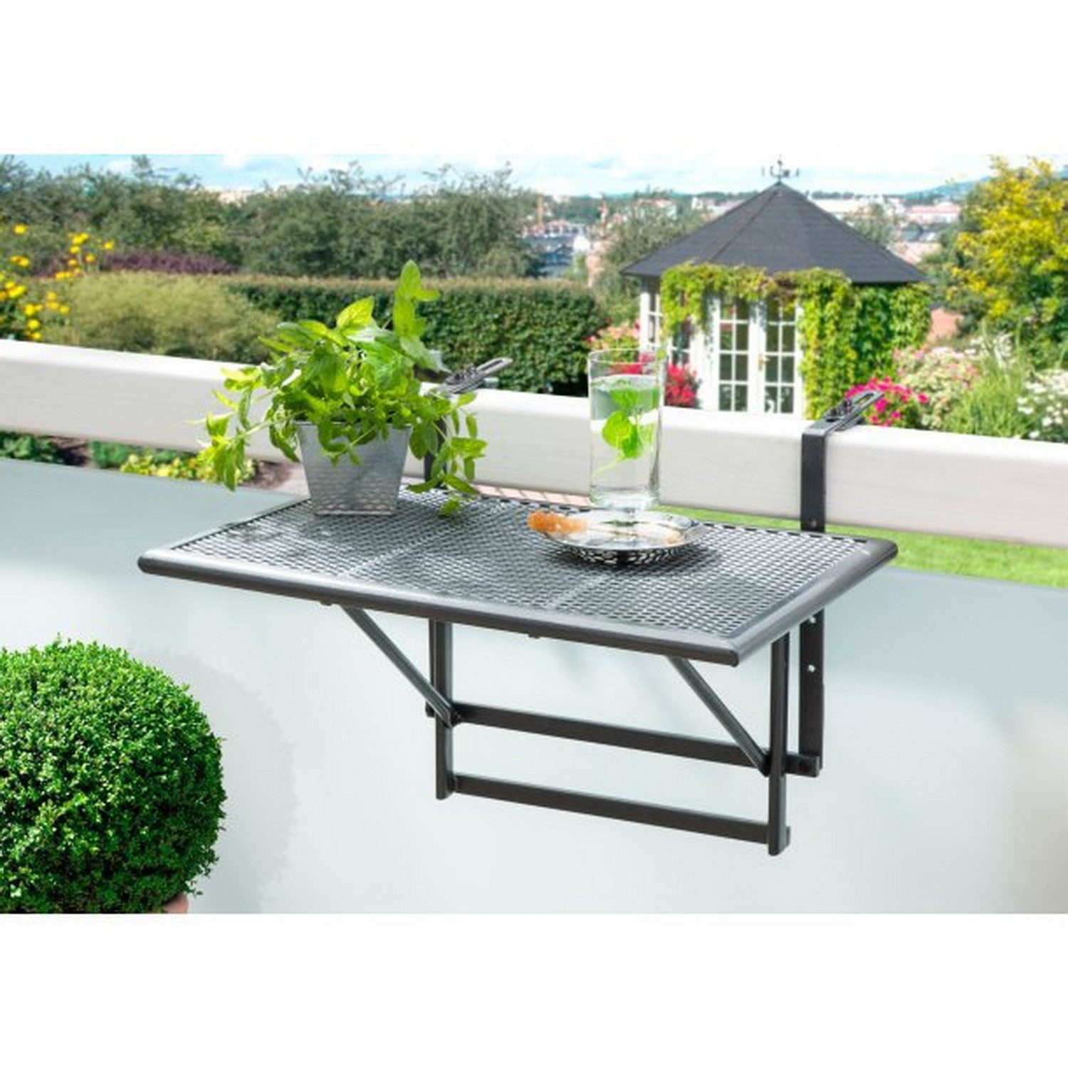 Greemotion Balkonhängetisch Balkontisch Balkon-Hängetisch Klapptisch klappbarer Tisch (klappbarer Beistelltisch zur Befestigung am Geländer), 4-fach höhenverstellbar