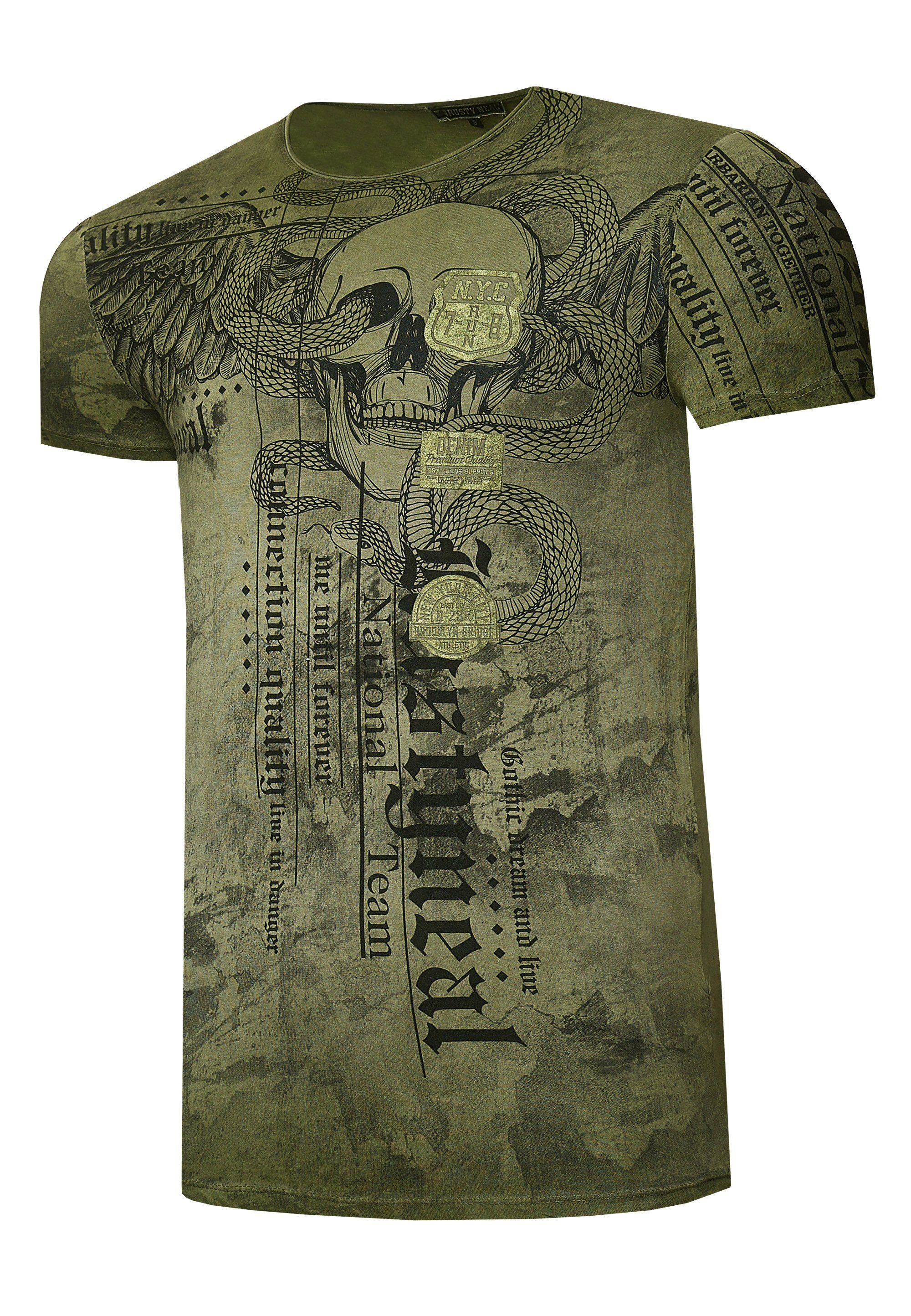 Rusty Neal Allover-Print mit khaki T-Shirt coolem