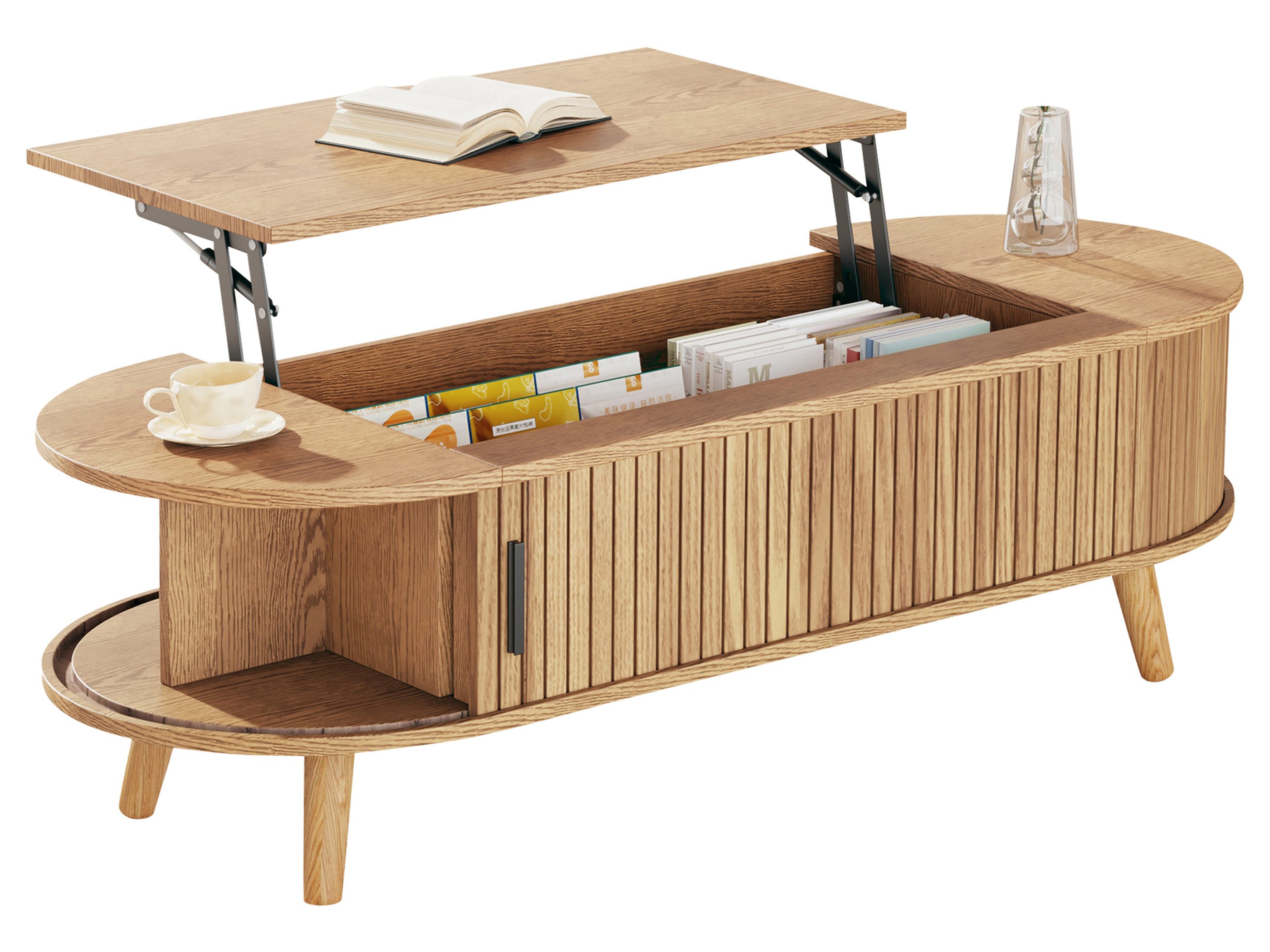 SeedWave Couchtisch Ovaler Sofatisch mit Anhebbarer Tischplatte, Gestreifter Schiebetür, Stubentisch mit 4 Ablagefächern, 4 Holzfüßen