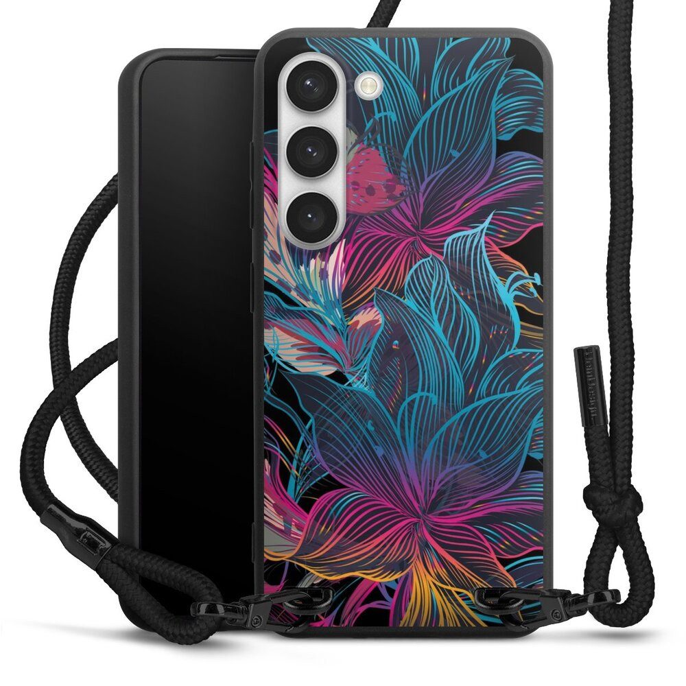 DeinDesign Handyhülle Neon Blumen bunt Neon Flower Power, Samsung Galaxy S23 Premium Handykette Hülle mit Band Case zum Umhängen