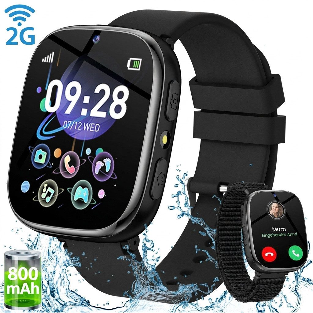 SWGOTA 800mAh 2G Smartwatch Kinder mit Telefonfunktion,Unterstützung für SOS Smartwatch (1,83 Zoll) mit 31 Spiele, Schulmodus,Foto,Video,Wecker, IP68 Fitness Tracker Kompatibel mit Android und iOS