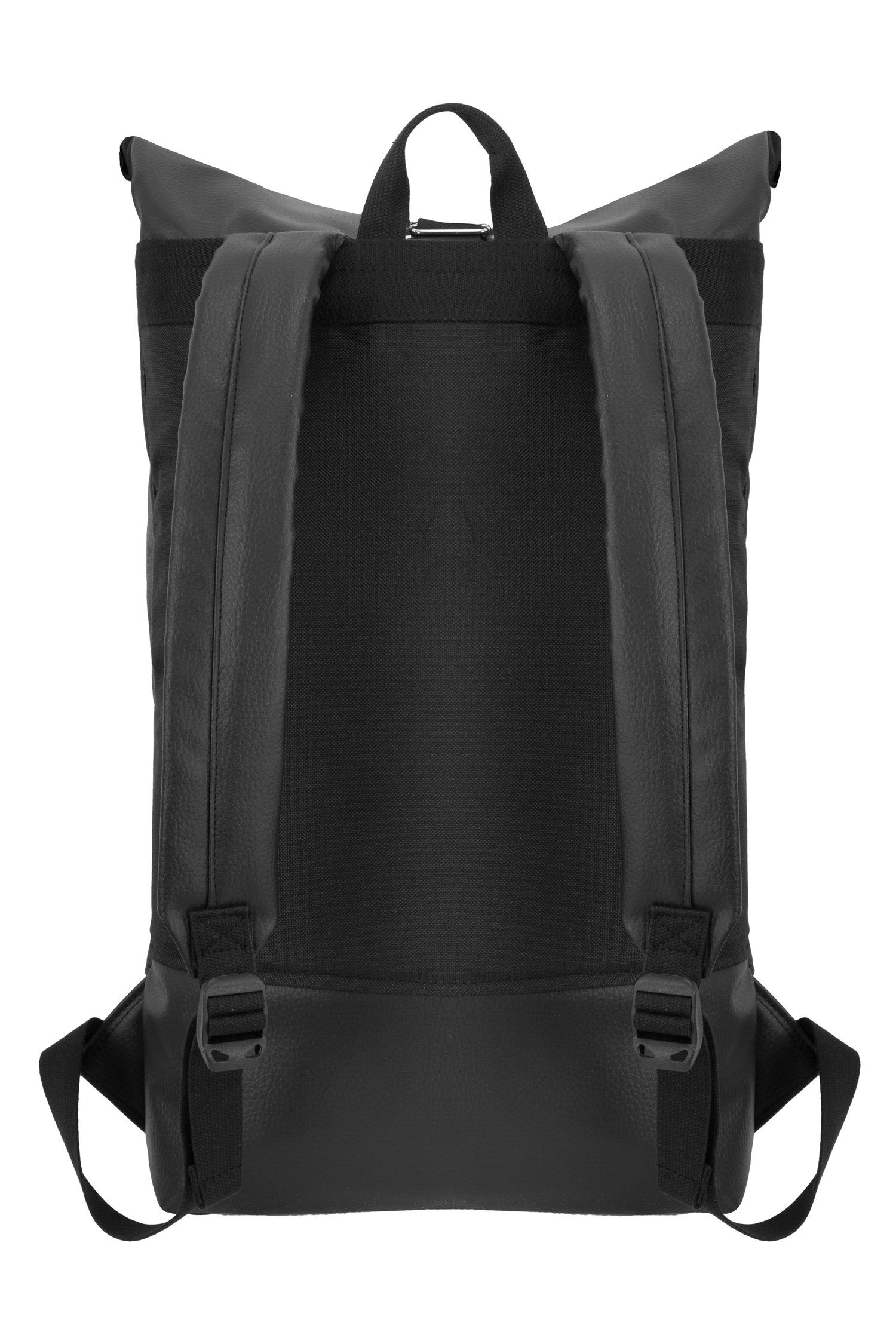 Tagesrucksack verstellbare Manufaktur13 Vegan Roll-Top Black Backpack Leather Gurte Rucksack mit Rollverschluss, - wasserdicht/wasserabweisend, Out