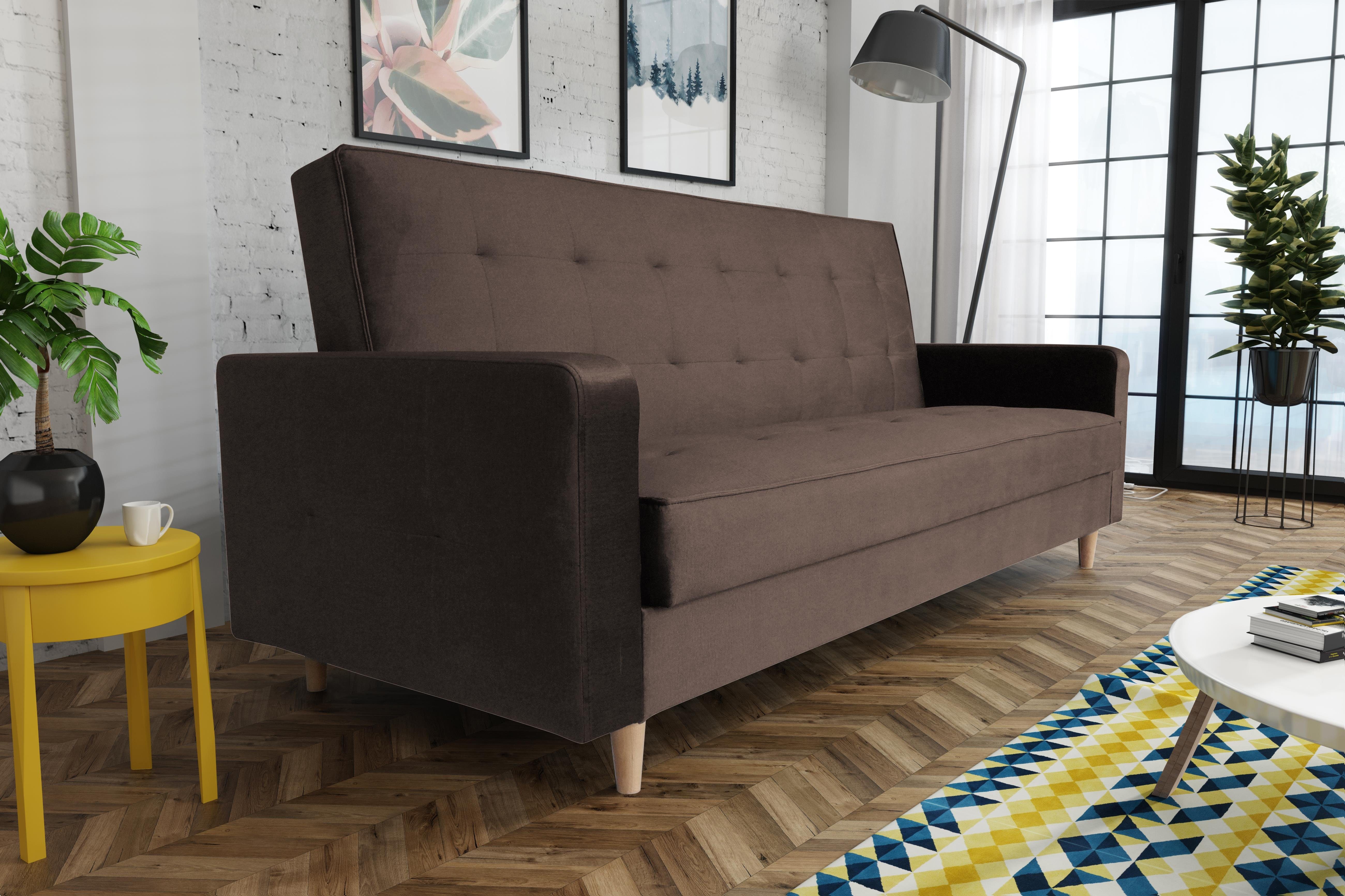 und Bamako, im Schlaffunktion skandinavischen Braun Beautysofa Holzbeine 06) mit Couch Sofa Polstersofa mit (kronos Stil, Schlafsofa Bettkasten,