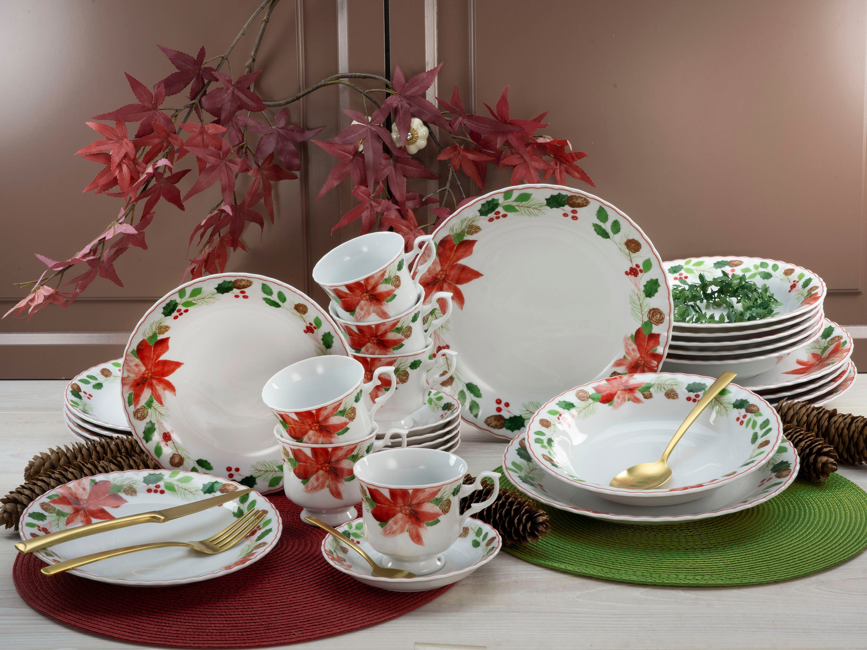 CreaTable Kombiservice Ivona, Dekor, Personen Advent, Weihnachten 30 festliches Fuß, Geschirr-Set auf Porzellan, Teile, 6 (30-tlg), Tasse 6 Personen, für Service, Winter