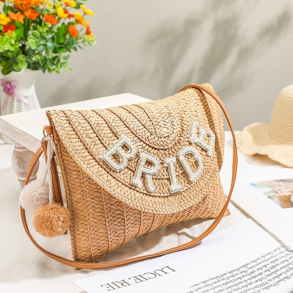 Envelope GelldG khaki(Stil1) Bag Pearl Geldbörse Purse Woven Wallet Shoulder Straw Rhinestone