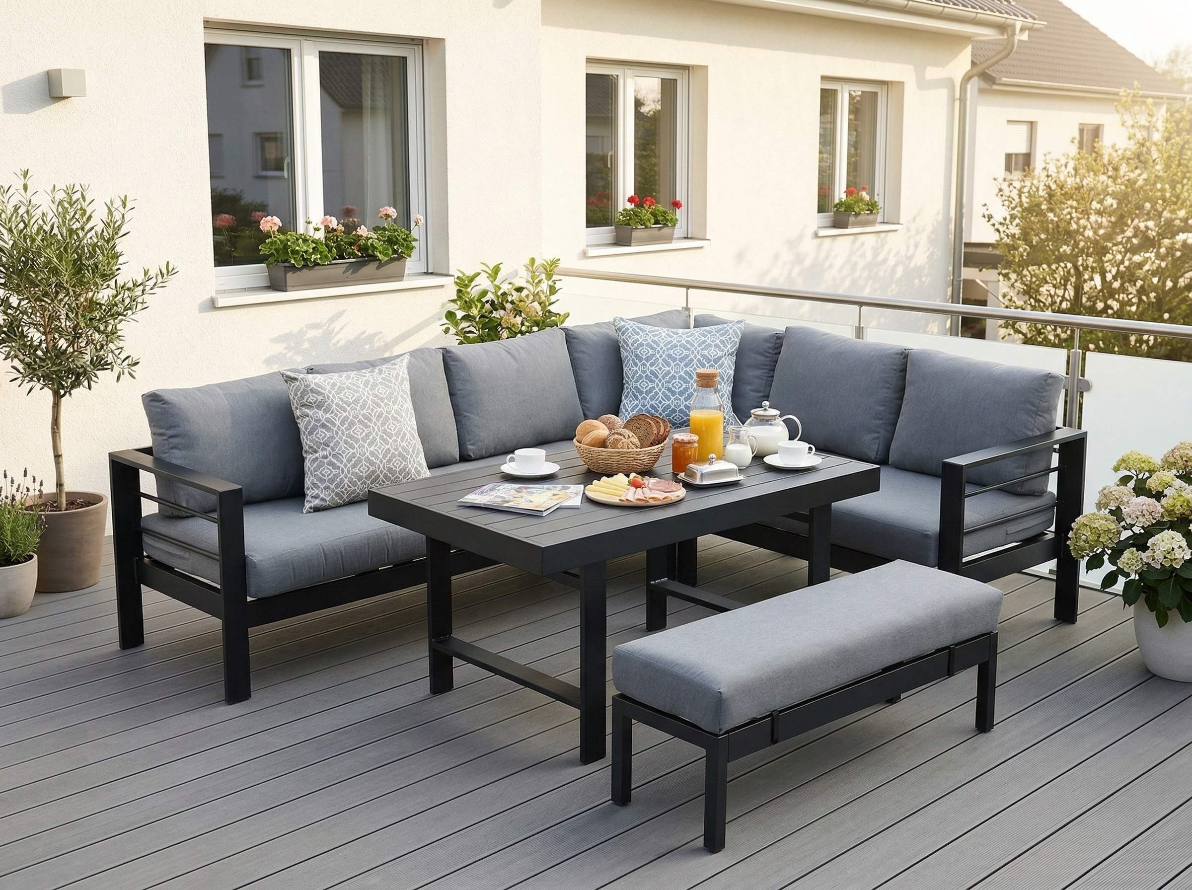 MeXo Gartenlounge-Set XXL Lounge Gartenmöbelset aus Aluminium, wetterfest, (Garten-Essgruppe für 6-8 Personen, 5-tlg., 12/15 cm dicke Kissen, Terrassenmöbel Set mit hohem Tisch), pflegeleichte Polywood-Tischplatte, flexibel kombinierbar