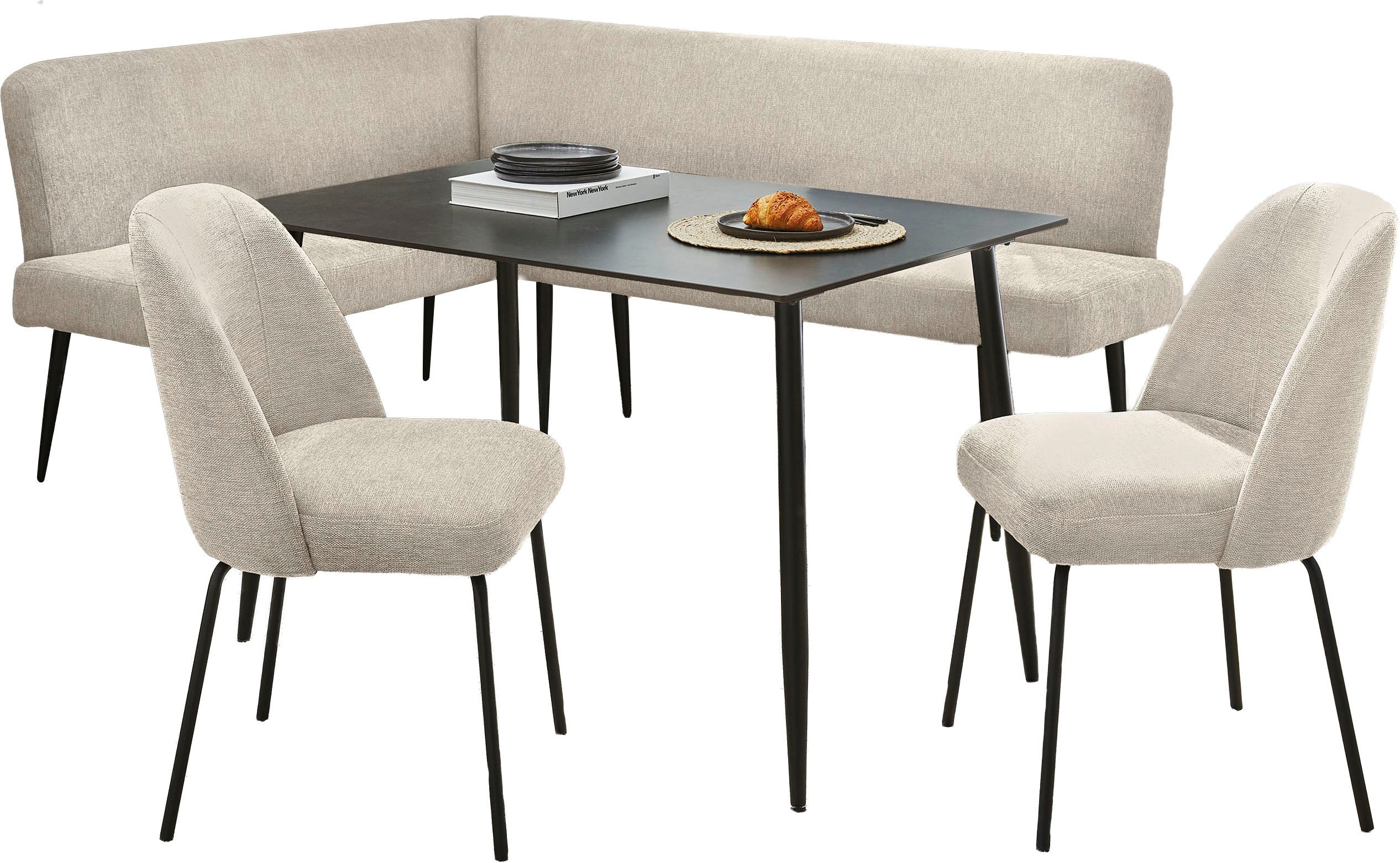 OTTO home Eckbankgruppe Melvin (Set, 4-tlg. Tisch, Bank und 2 Stühle), Taschenfederkern, Tisch (120x75cm) schwarz, Bank und Stühle anthrazit oder beige