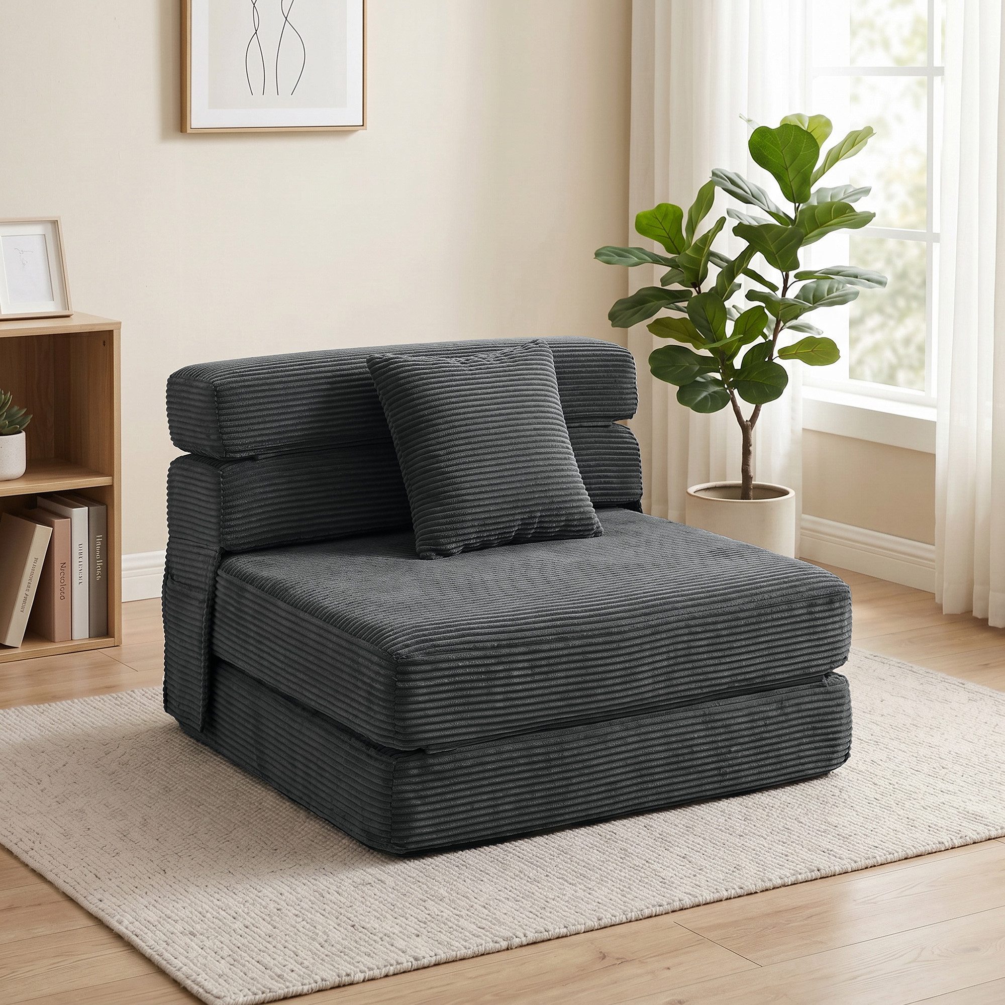 HOMCOM Bodenkissen Klappbar Schlafsessel Schlafsofa mit Schlaffunktion, Cord-Optik, 2-in-1 klappbar, Lendenkissen, Seitentaschen
