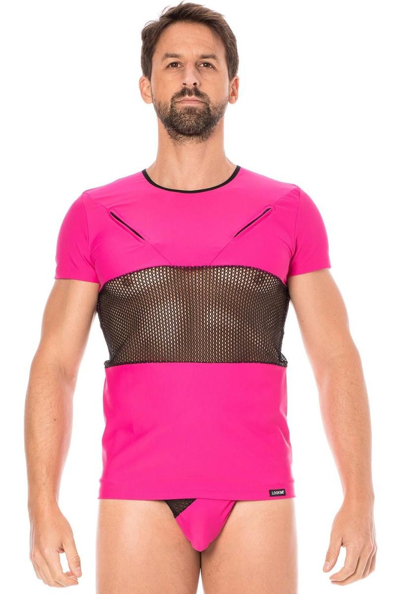 LOOK ME T-Shirt Herren T-Shirt in magenta mit schwarzem Netzeinsatz Männer Dessous Shi