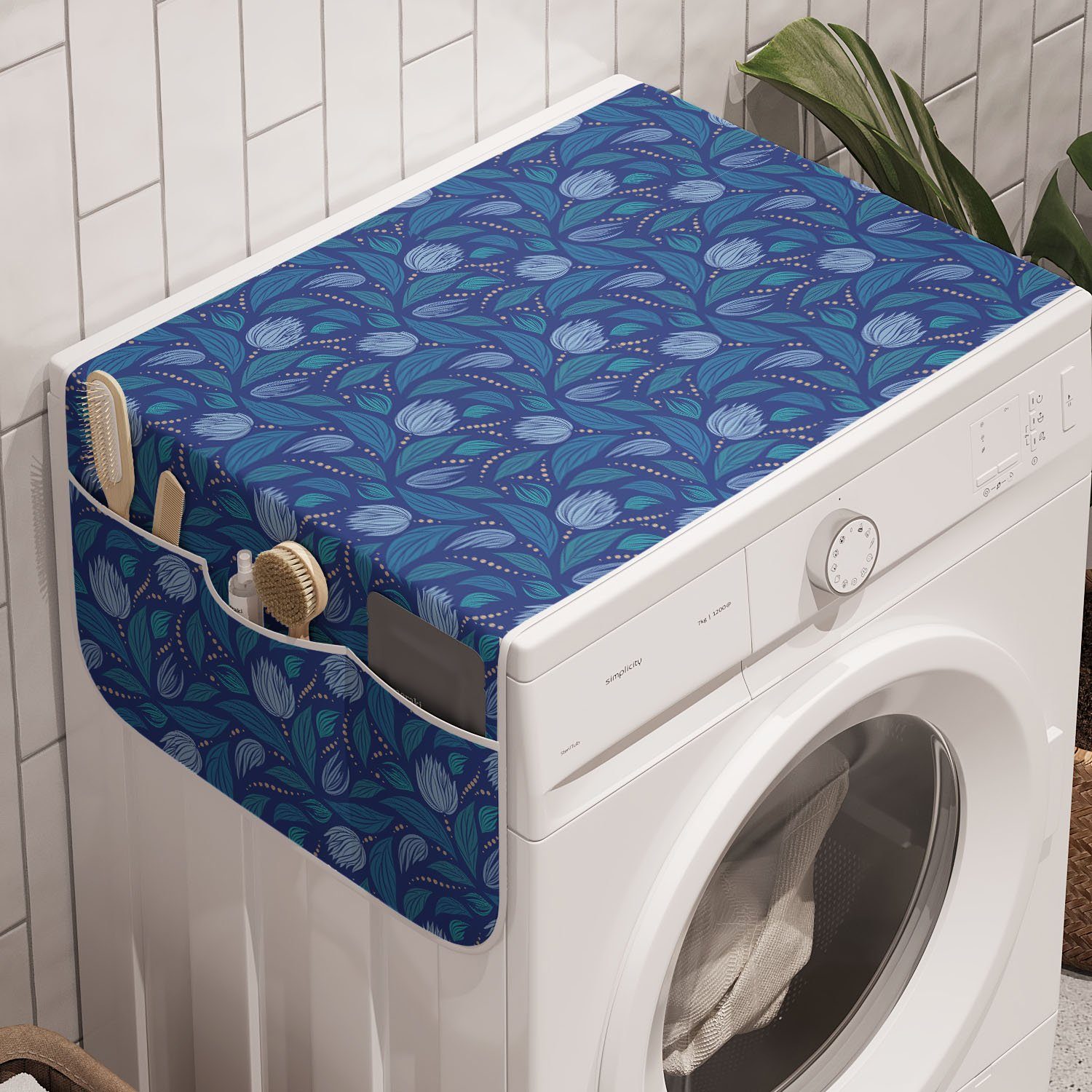Abakuhaus Badorganizer Anti-Rutsch-Stoffabdeckung für Waschmaschine und Trockner, Blumen Tulip Volkston auf Blau