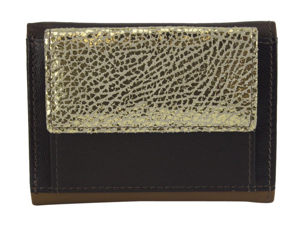 Sunsa Mini Geldbörse Mini klein Leder Geldbörse Geldbeutel Portemonnaie Brieftasche, echt Leder, aus recycelten Lederresten, mit RFID-Schutz, Unisex braun/gold