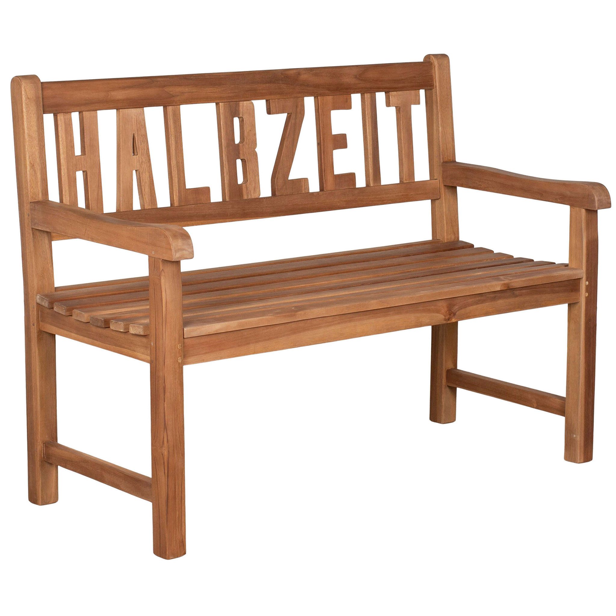 bene living Gartenbank HALBZEIT 120 cm - Teakholz, geschwungende Armlehnen - Rückenlehnen mit HALBZEIT-Schriftzug