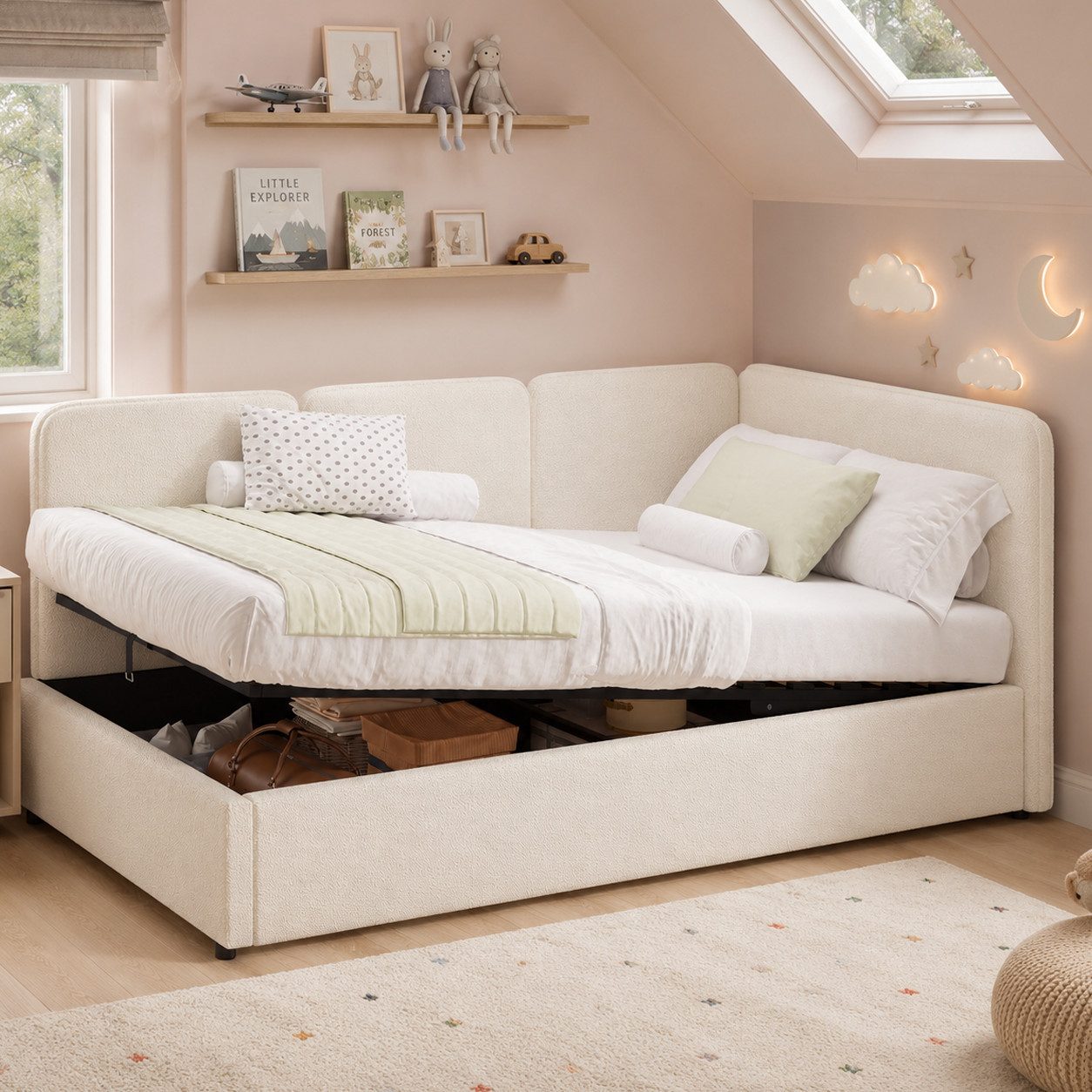 Flieks Daybett Austauschbare linke und rechte Seite, Polsterbett Schlafsofa Kinderbett 90x200cm mit hydraulischem Stauraum