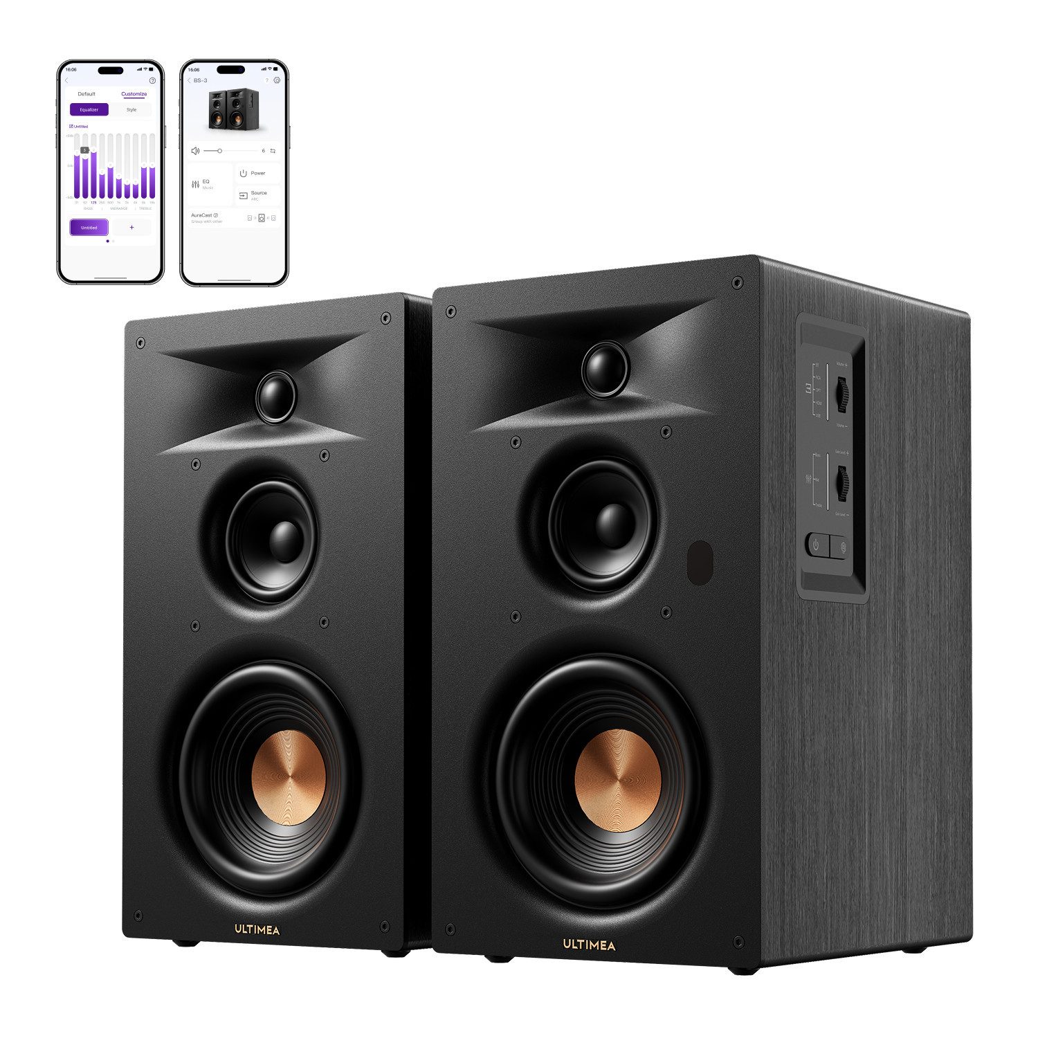 Ultimea BS-3 3-Way Bookshelf Speakers Regal-Lautsprecher 5,25'' Tieftöner (Edge Horn & BassMX, Bluetooth® 6.0, 70 W, Auracast, Heimkino, Design ohne Frontgitter)