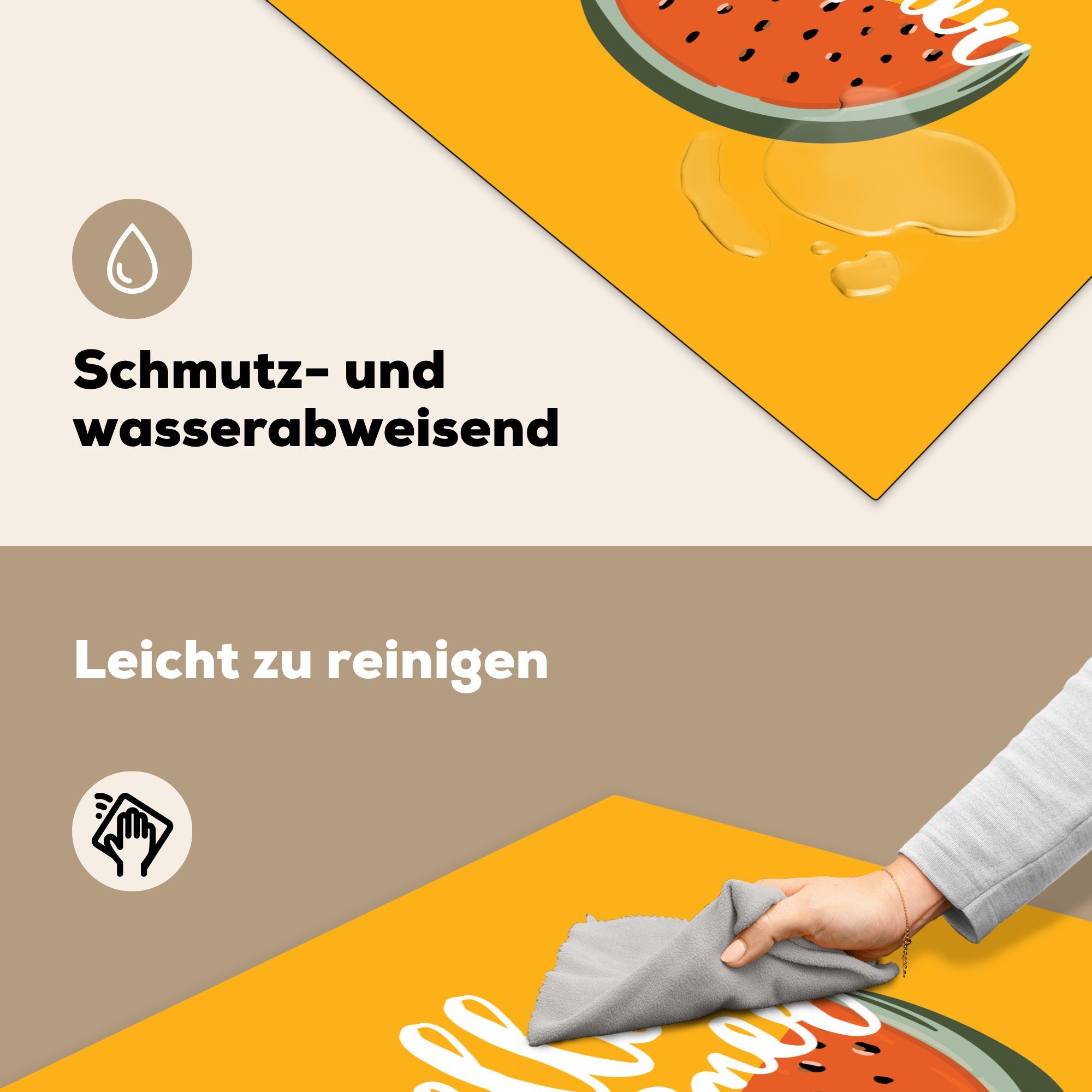 Wassermelone - 78x78 küche für MuchoWow Arbeitsplatte (1 tlg), cm, Vinyl, - Herdblende-/Abdeckplatte Ceranfeldabdeckung, Gelb, Sommer