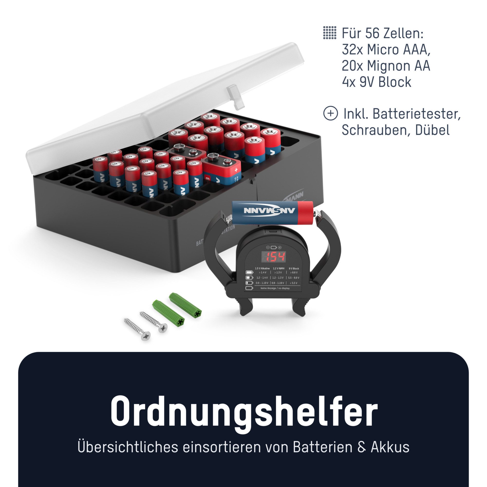 ANSMANN AG Batteriebox inkl. Tester für 56 Batterien AAA, AA, 9V Akku