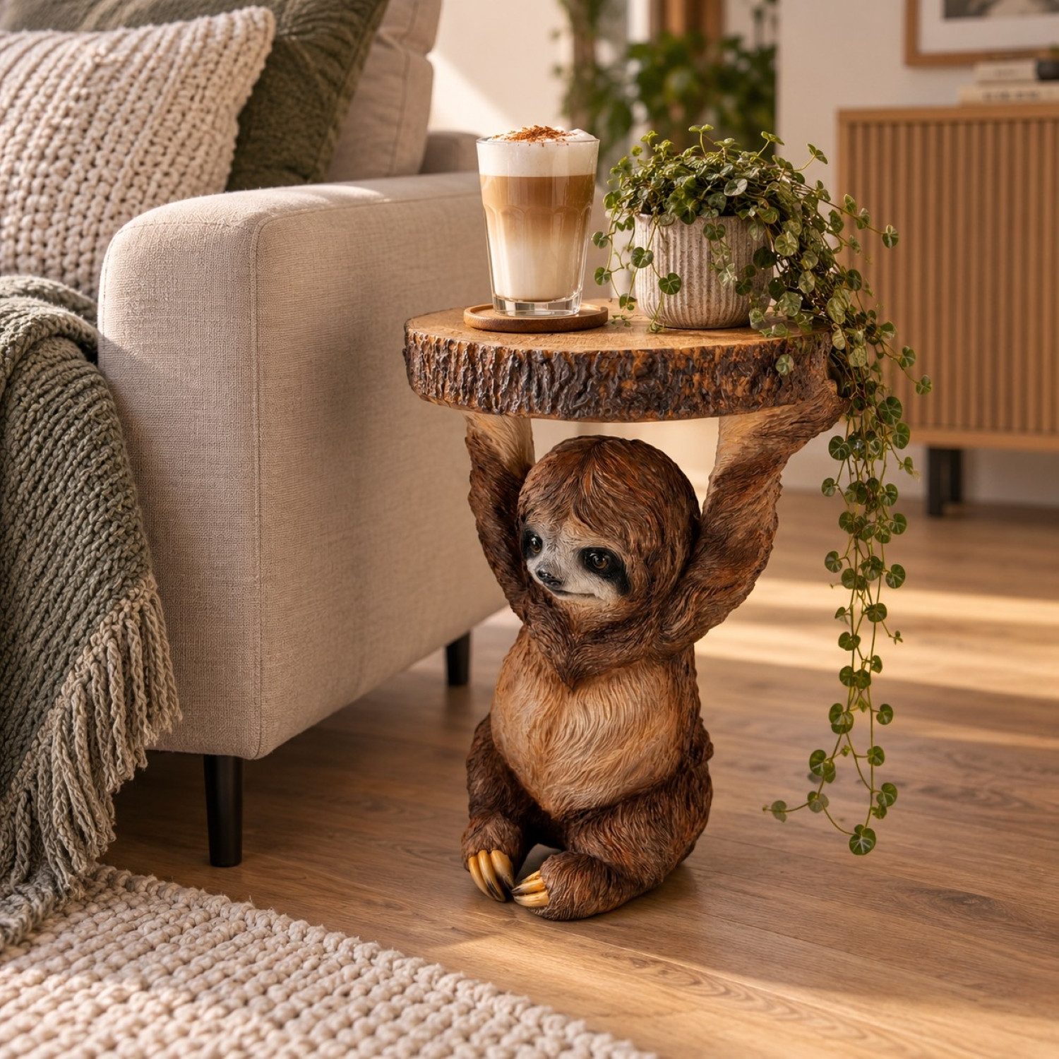 Online-Fuchs Beistelltisch Faultier mit runder Baumscheibe in Holz Optik - ideal für Sofa (in 2 verschiedenen Höhen erhältlich, wetterfest), auch zu verwenden als Nachttisch, Gartentisch oder als Blumenerhöhung