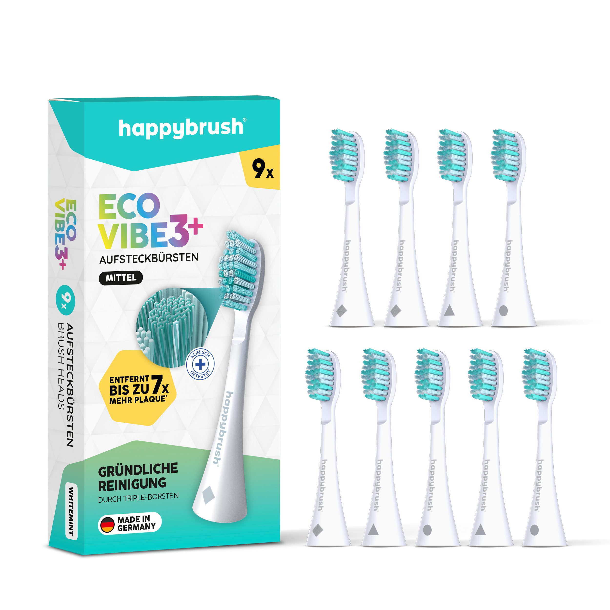 happybrush Aufsteckbürsten V3+ Aufsteckbürsten für V3 Agnes - mit Wechselindikator - 3x3 Stück, für happybrush Eco Vibe 3, hochwertige Triple-Borsten, Wechselindikator