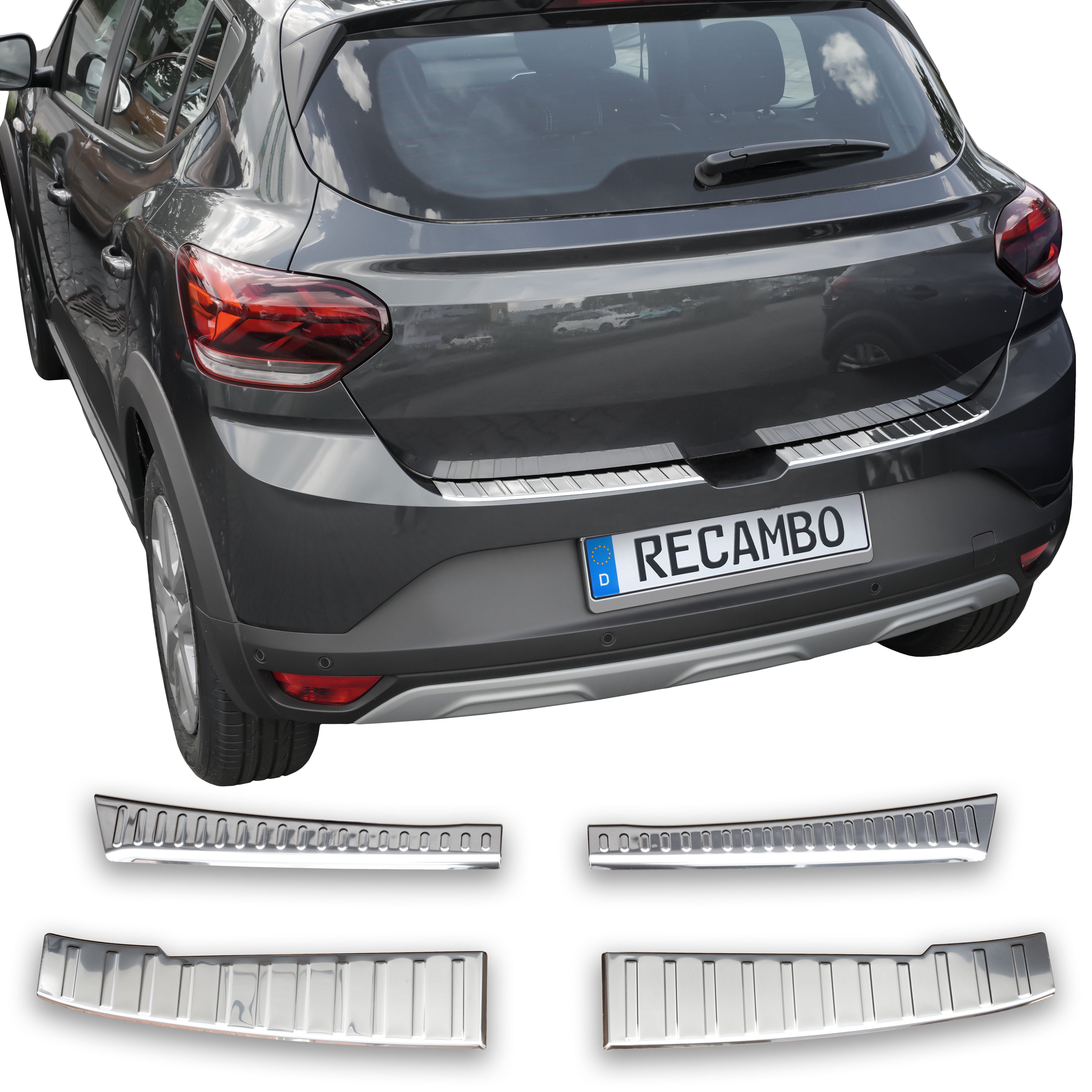 RECAMBO Ladekantenschutz für Dacia Sandero III, DJF, BJ ab 2021> Stoßstangenschutz, V2A rostfrei, Exklusive Optik, praktischer Schutz & perfekte Passform