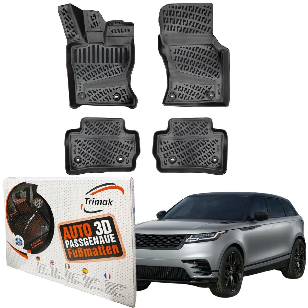 Trimak Passform-Fußmatten Oder Kofferraumwanne Oder Set kompatibel mit Range Rover Velar, Range Rover Velar 2017-2020 Gummimatten Auto TPE Allwetter Fussmatten