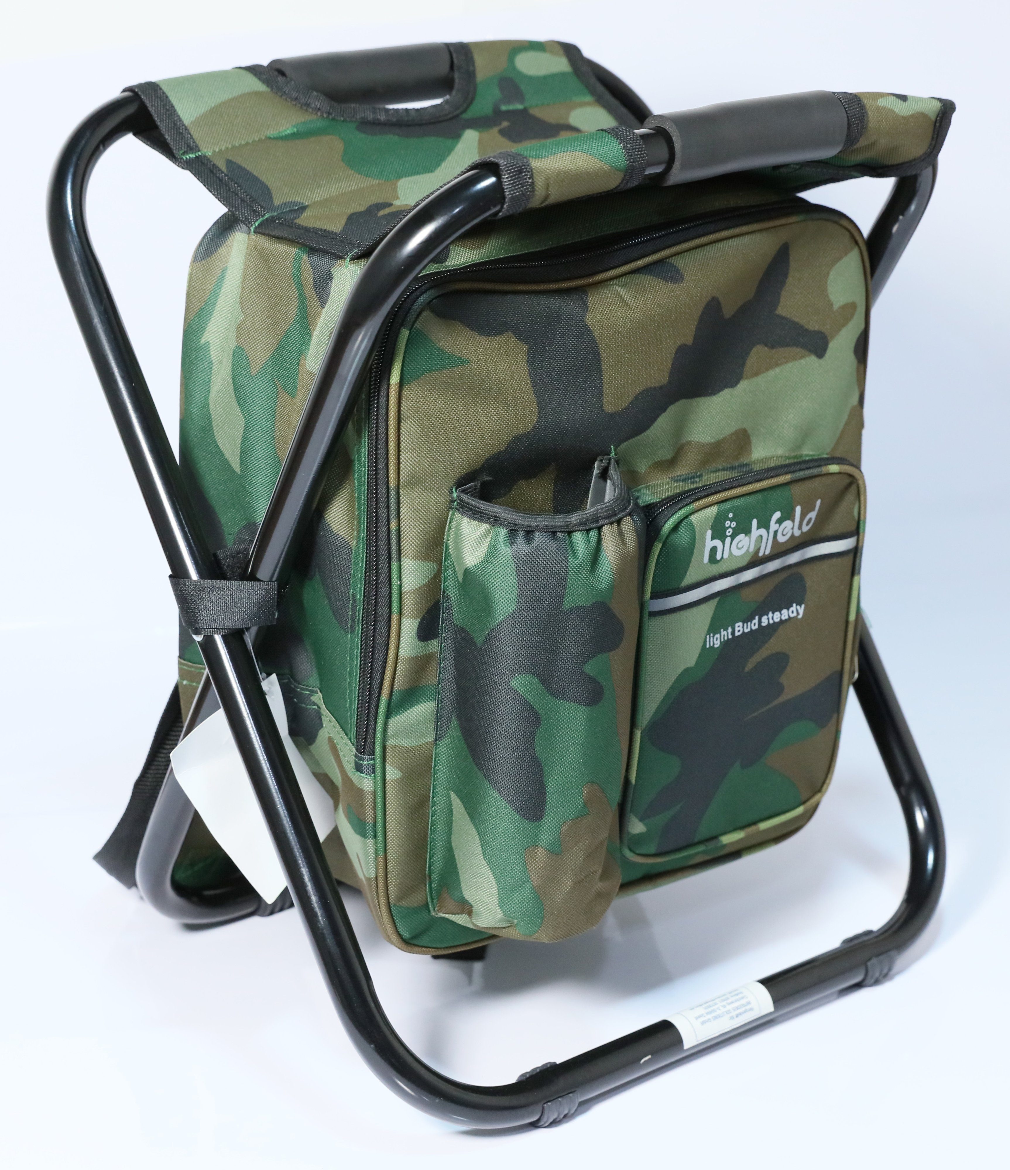 highfeld Campinghocker Camping Hocker mit Rucksack camouflage (1 Stück), mit integrierter Kühltasche