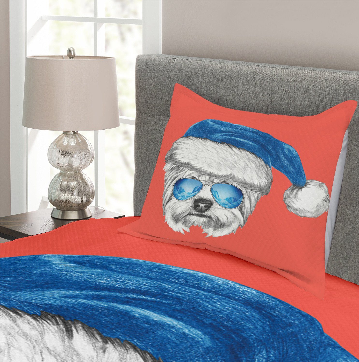 mit Waschbar, Yorkie Kissenbezügen Tagesdecke Blue Lustig Abakuhaus, Santa Hat Set