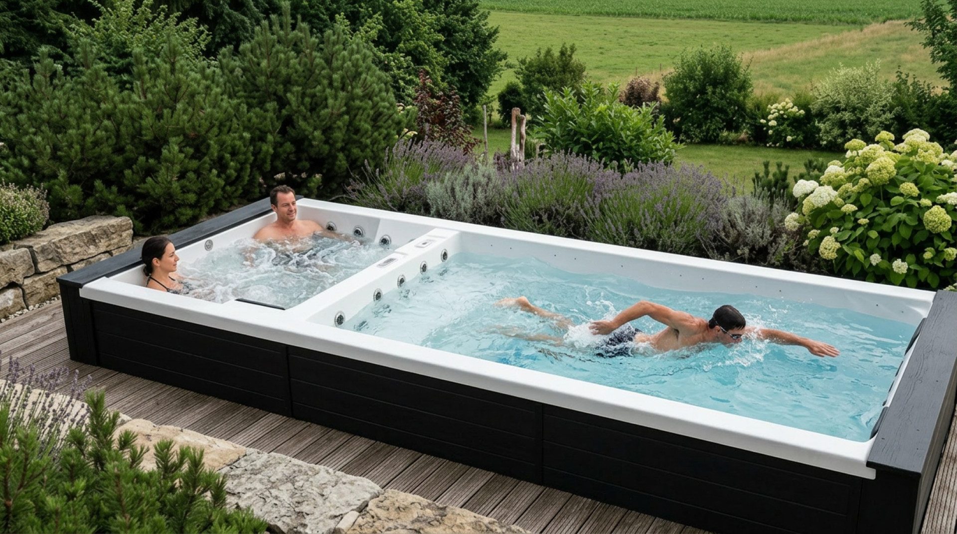 SPA Kompagniet Whirlpool Scandinavic Wood Art "Santorini" Swim Spa - Doppelpool 5P 587×228 cm, Aufstellbecken, (Komplett mit Doppelbecken, Thermo-Cover, 3 Filtern und LED-Licht), Swim Spa mit getrenntem Pool- und Spa-Bereich und 34 Düsen