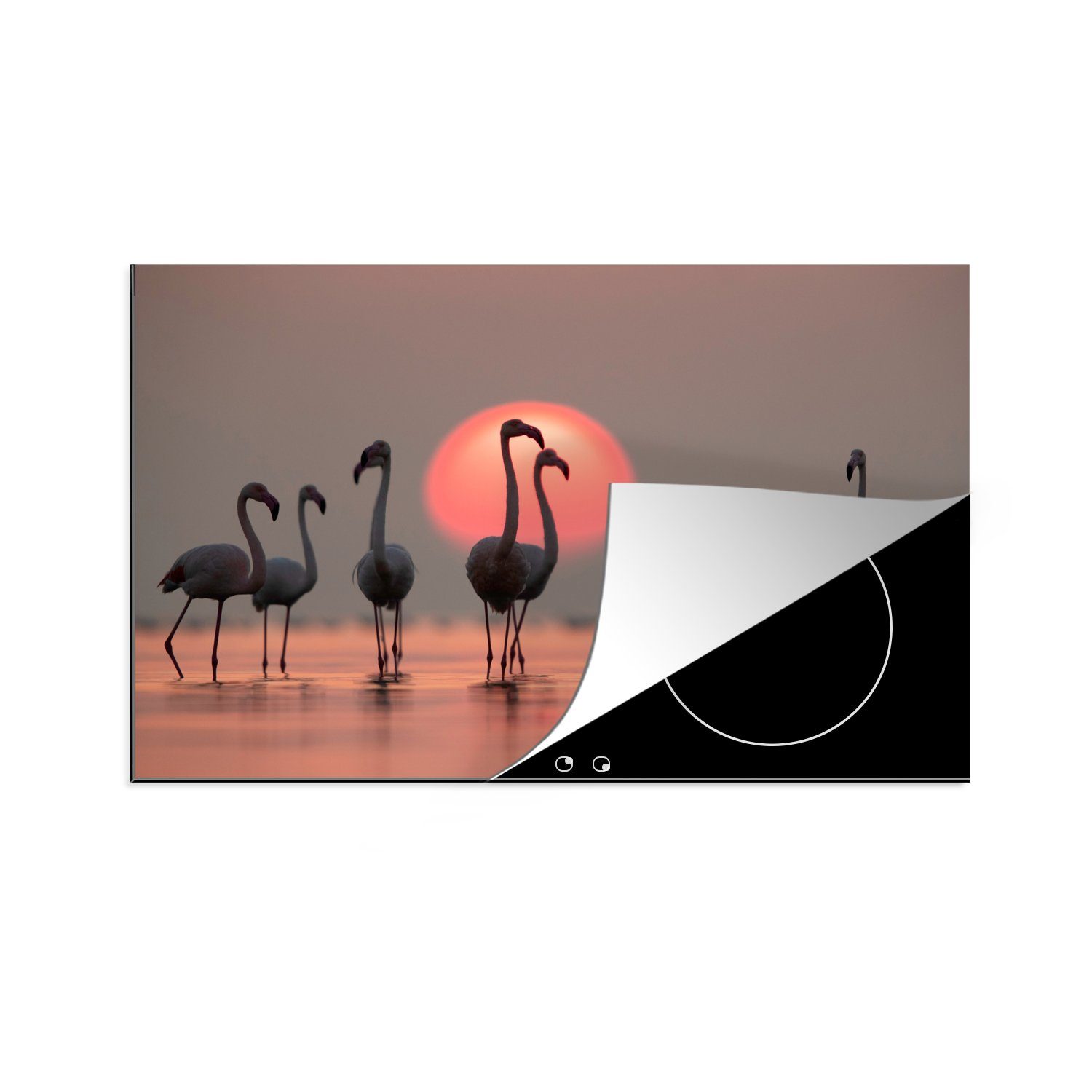 - Flamingo Vinyl, cm, - tlg), für (1 - Vogel Herdblende-/Abdeckplatte 81x52 MuchoWow Rosa, Ceranfeldabdeckung, küche Sonnenuntergang Arbeitsplatte