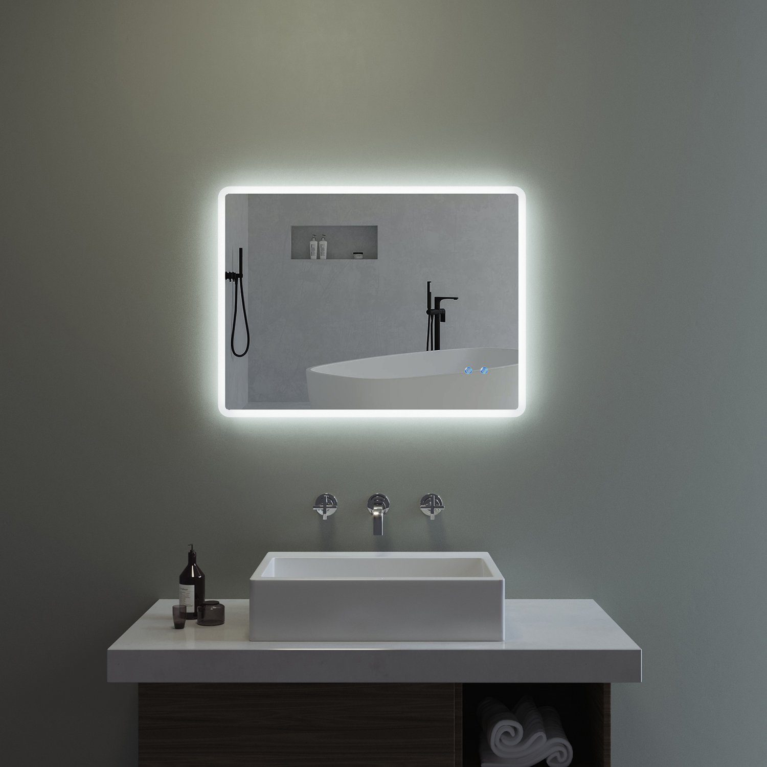 AQUABATOS LED-Lichtspiegel LED Badspiegel Badezimmerspiegel mit Beleuchtung (Lichtspiegel Wandspiegel 80x60cm 100x70cm 140x70cm Kaltweiß 6400K und Warmweiß 3000K), Dimmbar, Touch Schalter, Antibeschlag, Energiesparend