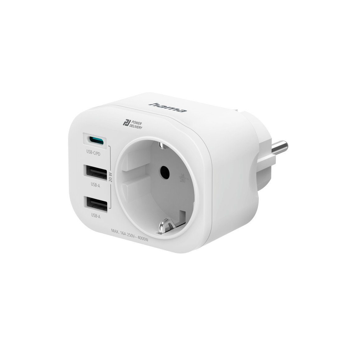 Hama Mehrfachstecker 4fach (1 USB-C PD, 2 USB-A, 1 Schutzkontakt, bis 20W) Mehrfachsteckdose 4-fach (USB-Anschlüsse, Schutzkontaktkupplung, Überspannungsschutz)