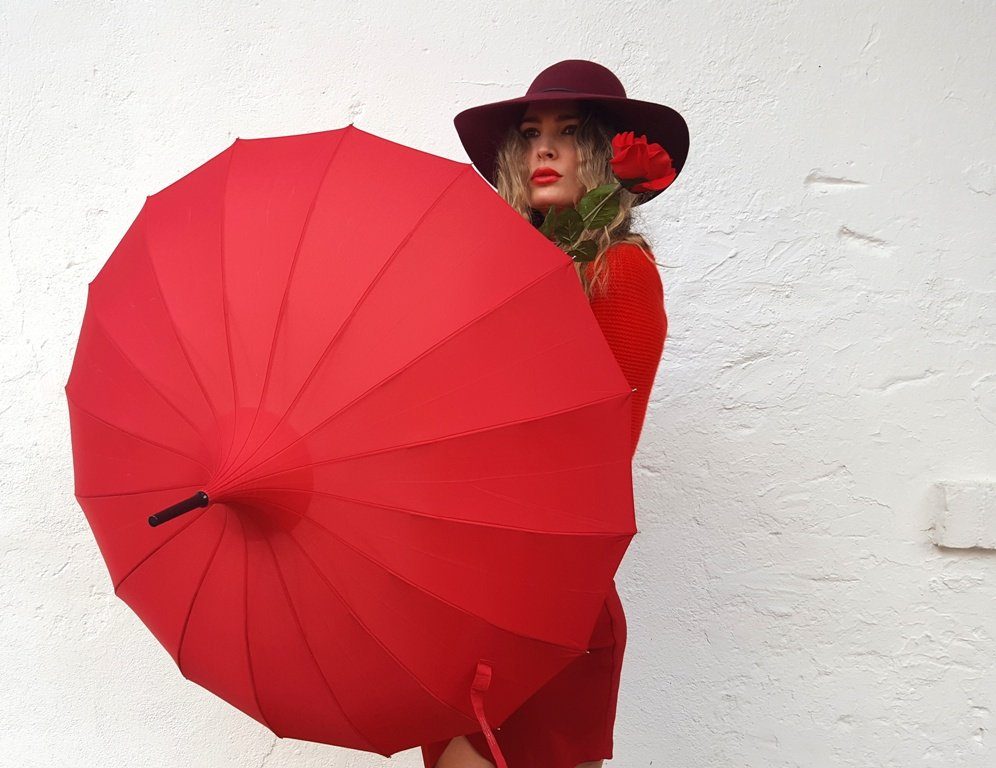 Pagodenform von Stockregenschirm Charlotte, mit Sonnenschirm Lilienfeld rot Segmenten Pagode 16 Regenschirm