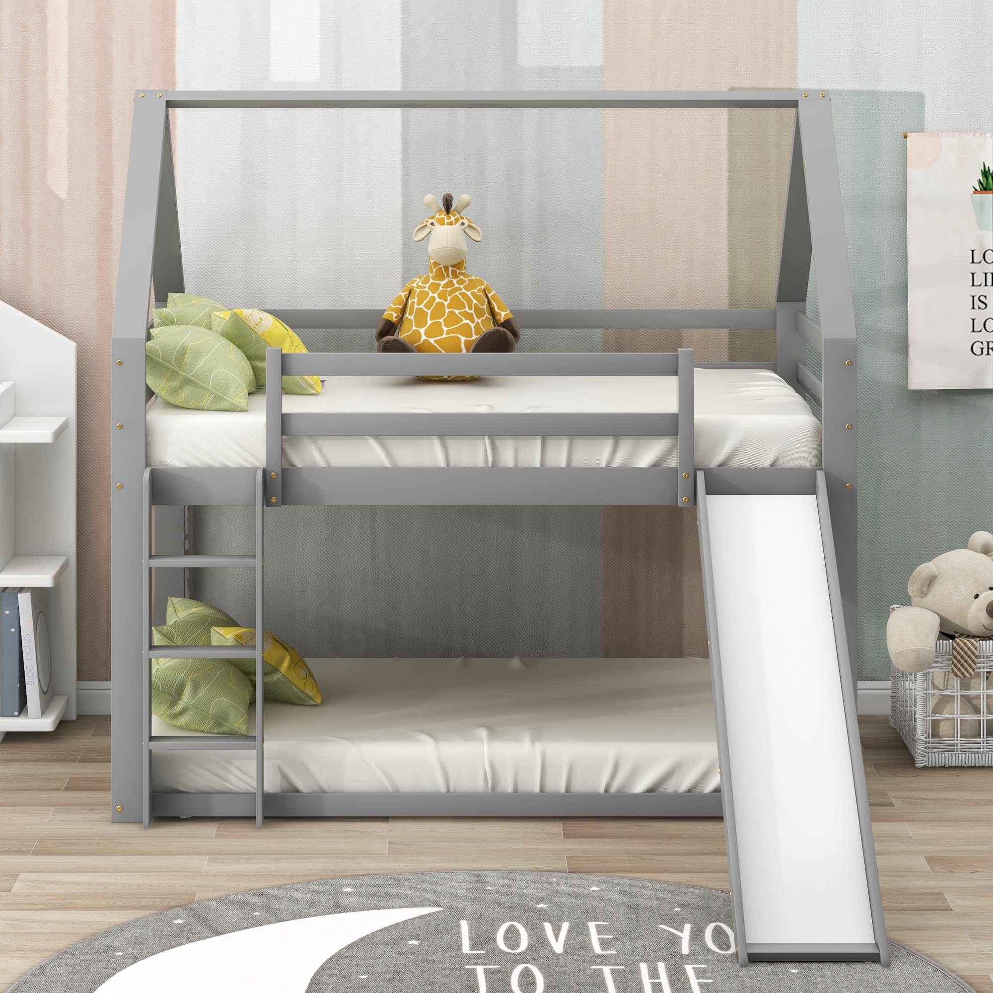 Etagenbett (inklusive Lattenrost, Rutsche, Leiter und Fallschutz), Hausbett Kinderbett mit 2 Schlafgelegenheiten, 90x200cm, Kiefer