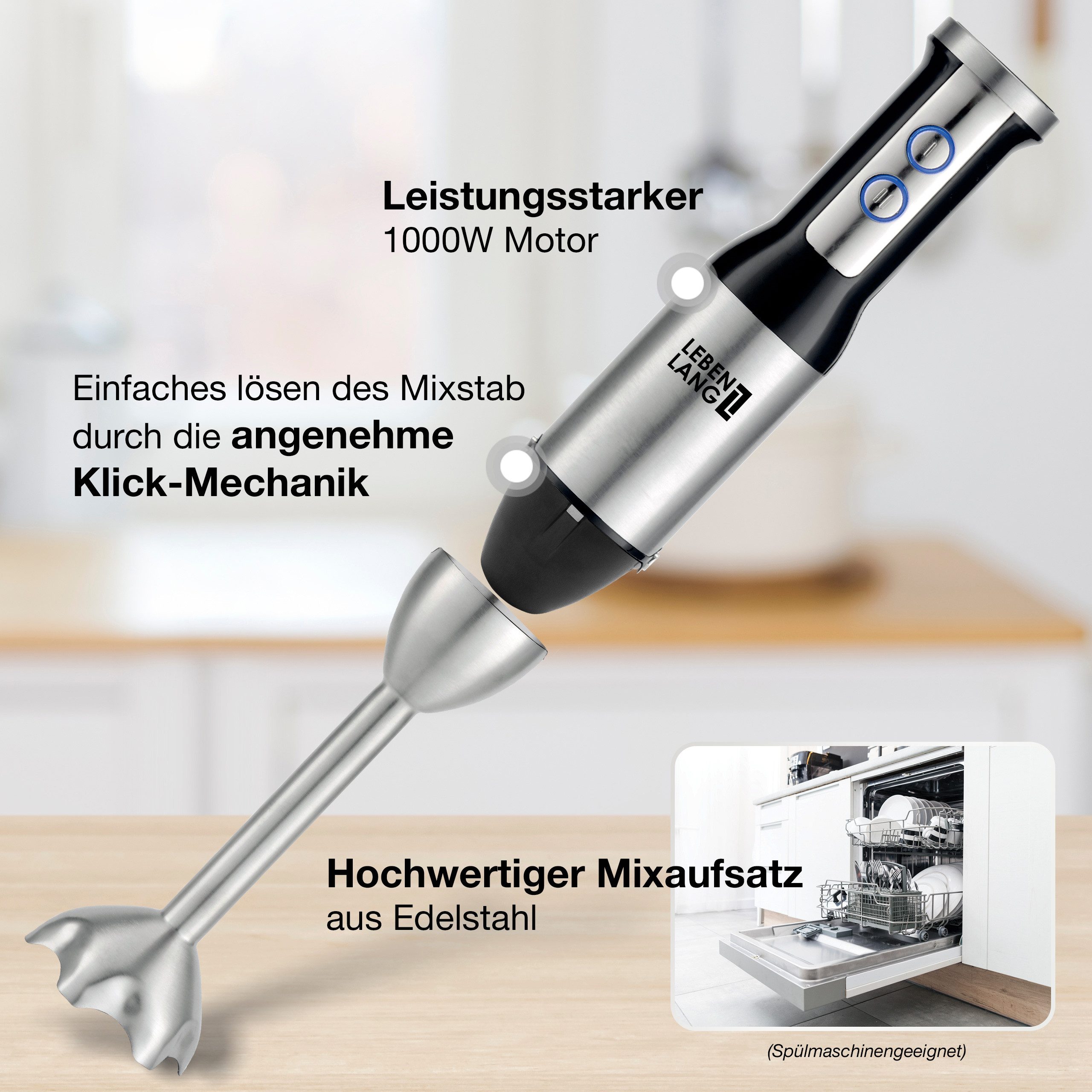 Lebenlang Stabmixer Edelstahl Pürierstab, 1000,00 W, 8 Geschwindigkeitsstufen & Turbo-Modus I Edelstahl I Spritzschutz