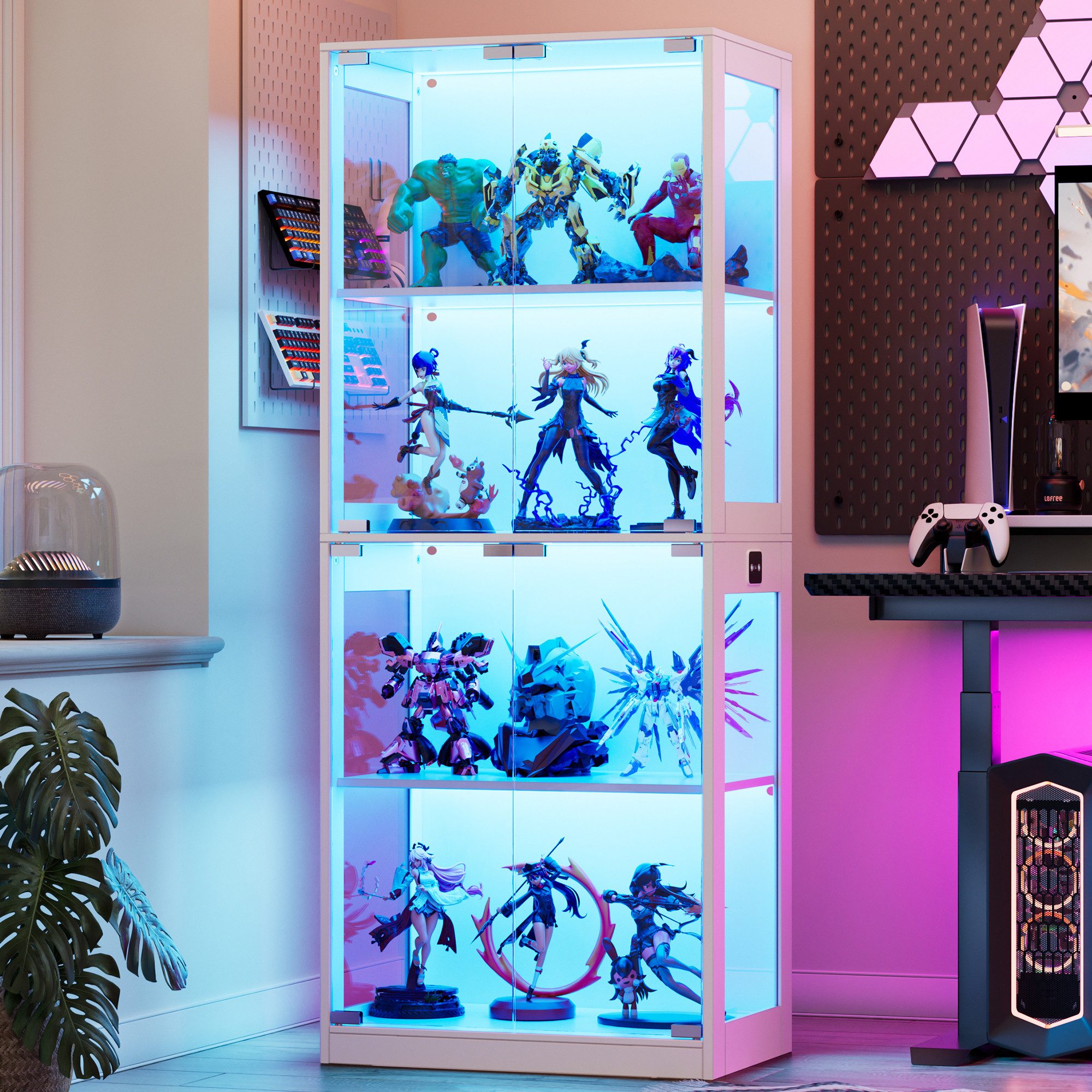 TWSOUL Glasvitrine LED Standvitrine mit Intelligente Sensorik und Pop-up-Design bis 100kg 4-Lagen Standregal mit Glastür, Hochschrank Vitrine für Sammler