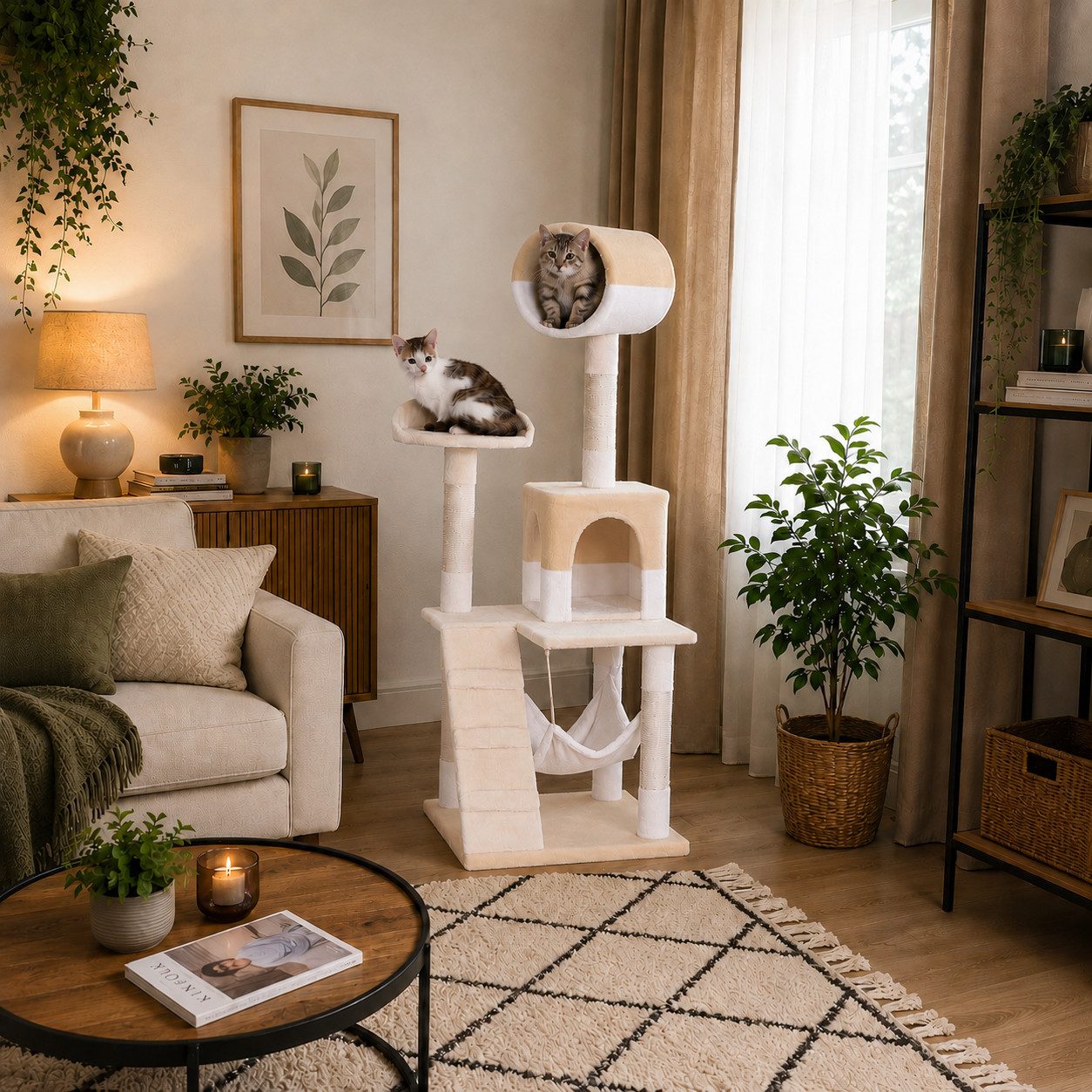 belviona Kratzbaum mit Höhle, Hängematte, Treppe & Liegeplattform, 133 cm, beige/weiß, mit Sisalsäulen & Liege-Röhre zum Beobachten