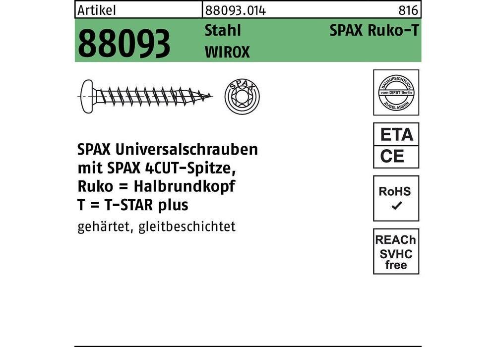 m.Spitze/T-STAR verzinkt 88093 SPAX 5 Senkschraube Ruko Schraube galvanisch Stahl x 70/60-T20 R WIROX