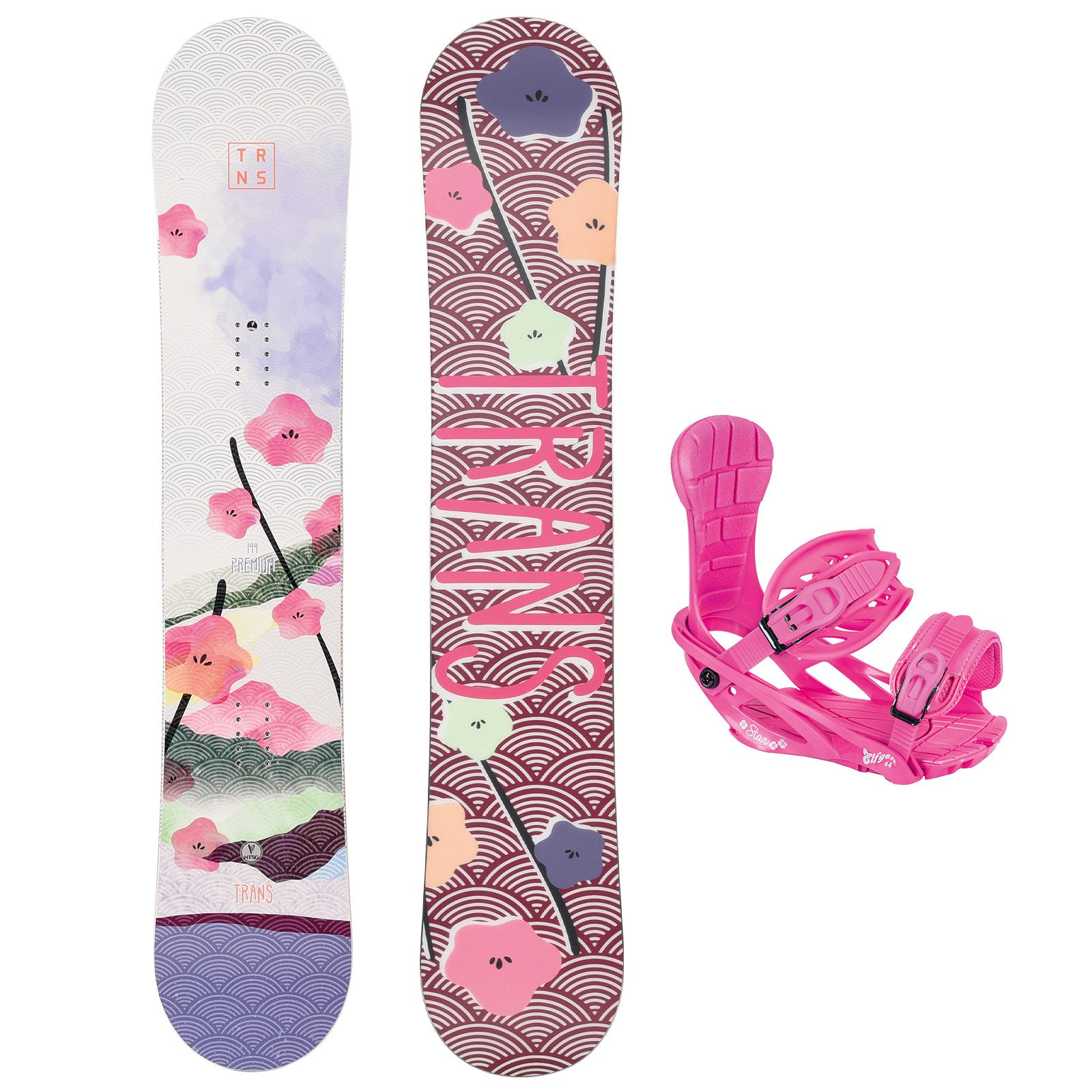 TRANS Snowboard Trans Damen Snowboard Set Premium Wood 155 cm Lila + Pipe M Bindung