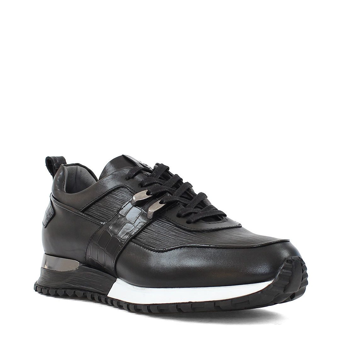 Celal Gültekin Low-Top Schnürschuh Kroko-Optik Profilsohle Herren Sneaker Glattleder, Kroko-Optik, Silber-Fersenclip, Schwarz, 41