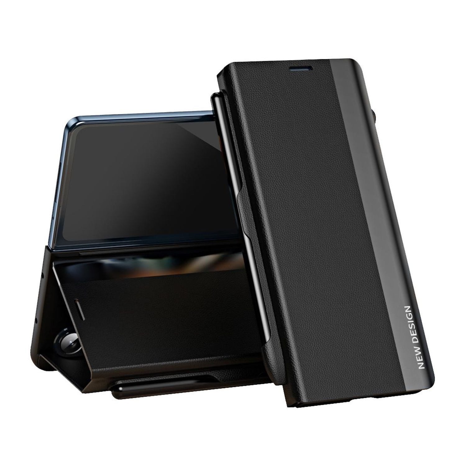 Wigento Smartphone-Hülle Für Samsung Galaxy Z Fold7 5G Electroplated Kunstleder Hülle Schwarz, Seiten-Elektroplattierung, Flip-Stand, Adsorptionsfunktion