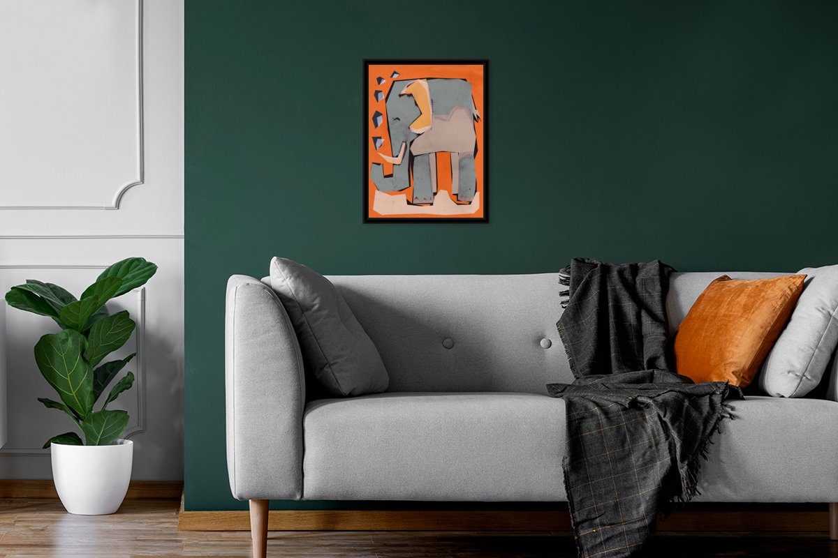 Rahmen, MuchoWow Kunstdruck, - Poster Pastell Elefant Gerahmtes Bilderrahmen Schwarzem mit - - Orange Poster, St), Kinder (1 Tiere, -