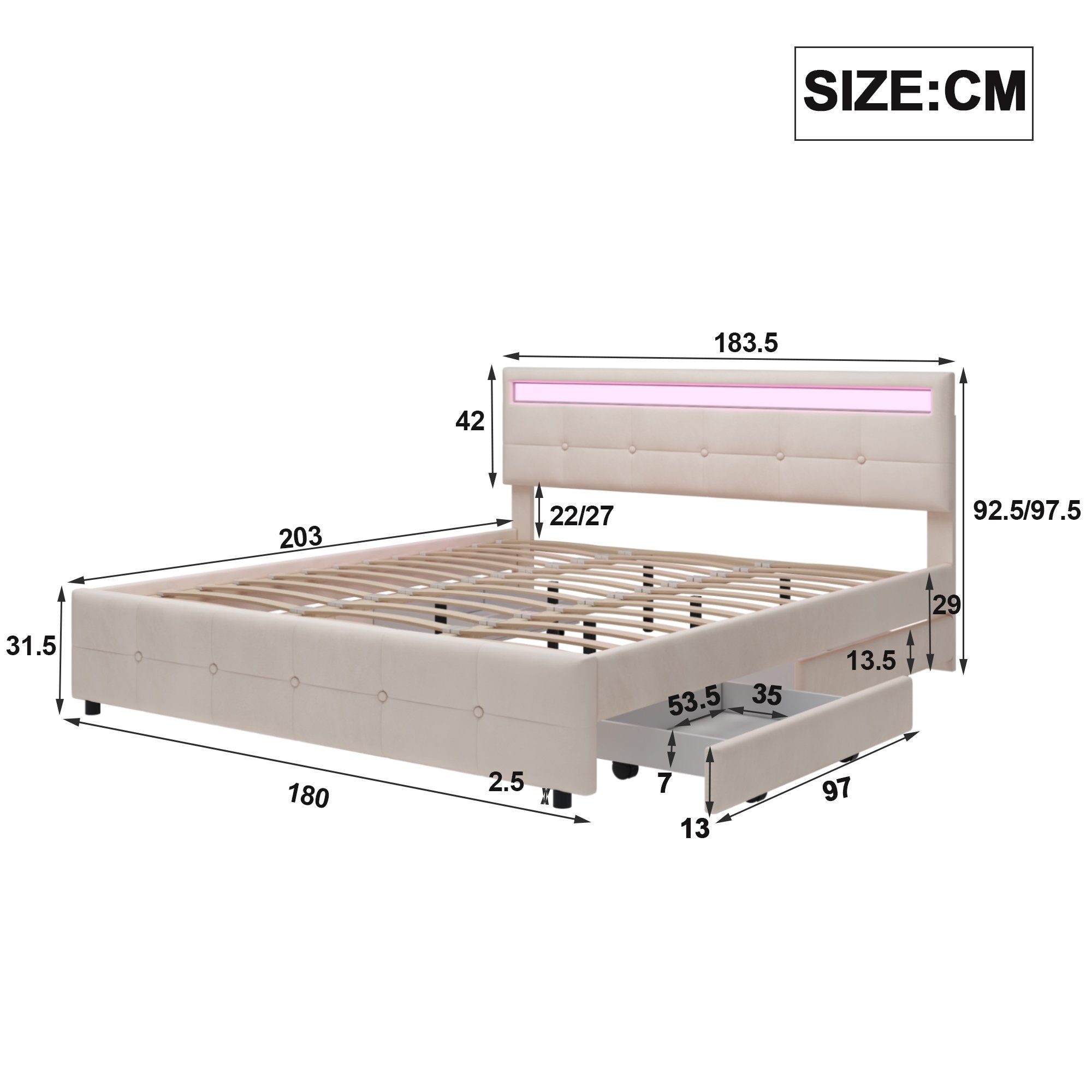 cm, und Bettrahmen 200 nicht Funktionsbett Rückenlehne, (180 Ohne Polsterbett x HAUSS Matratze Schubladen mit Matratze Polsterbett Doppelbett SPLOE enthaltet), beige Lattenrost