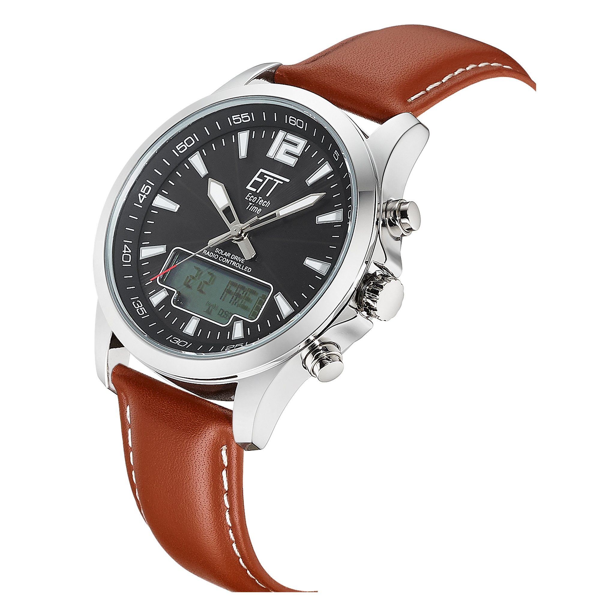 ETT Funkchronograph Professional World Timer EGA-11713-21L, Armbanduhr, Solar, Herrenuhr, Lederarmband, analog, digital, Tag